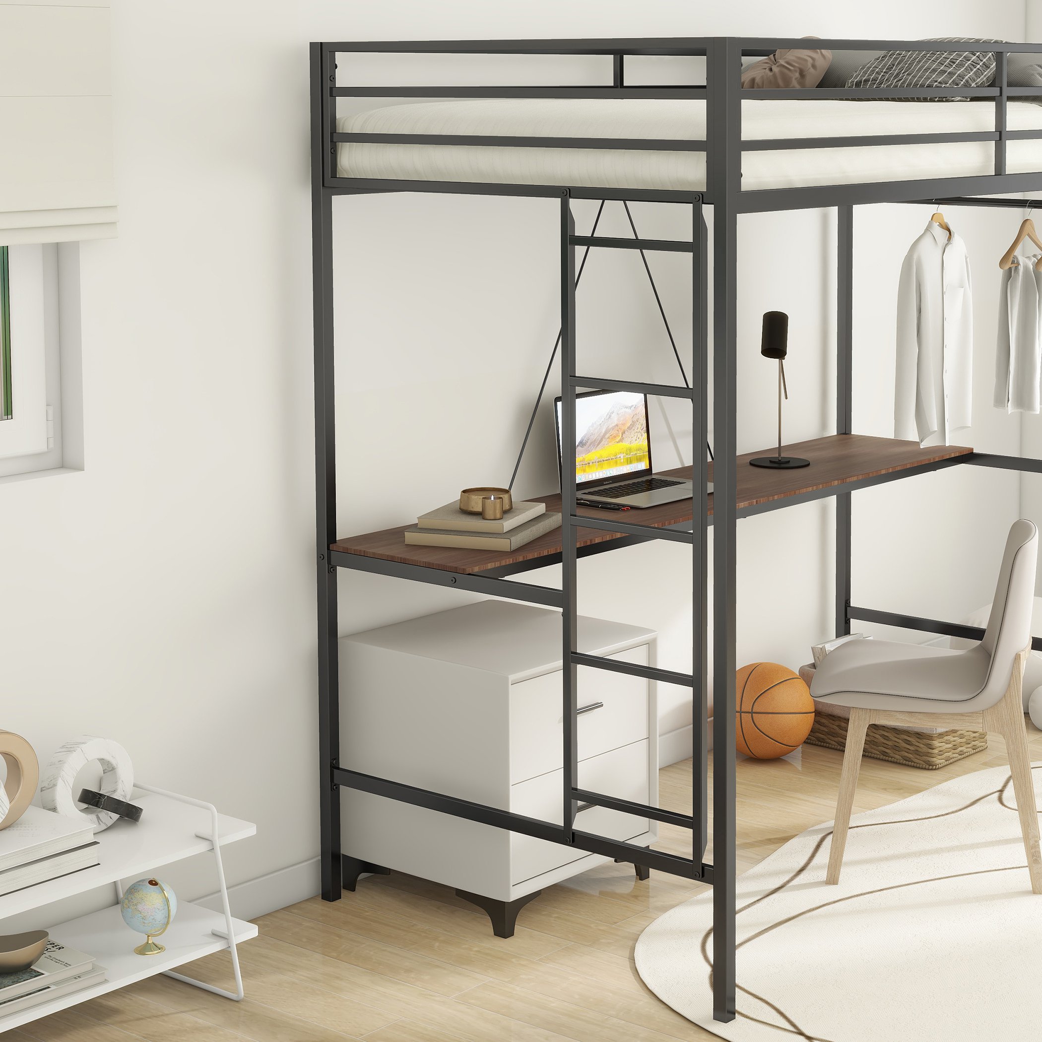 Adam Twin Loft Bunk Metal Bed Frame with Desk and Closet Rod, Guardrails, Easy Assembly, 76.69″ L x 40.94″ W x 72.01″ H, Black | Aosom.com 5