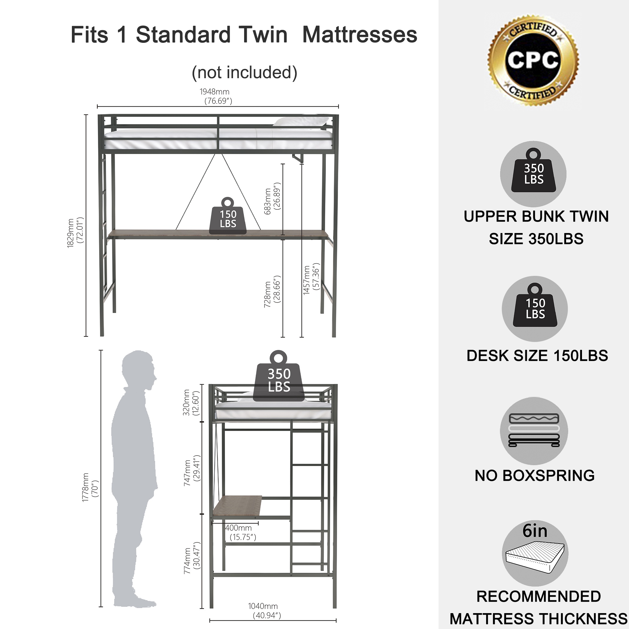 Adam Twin Loft Bunk Metal Bed Frame with Desk and Closet Rod, Guardrails, Easy Assembly, 76.69″ L x 40.94″ W x 72.01″ H, Black | Aosom.com 1