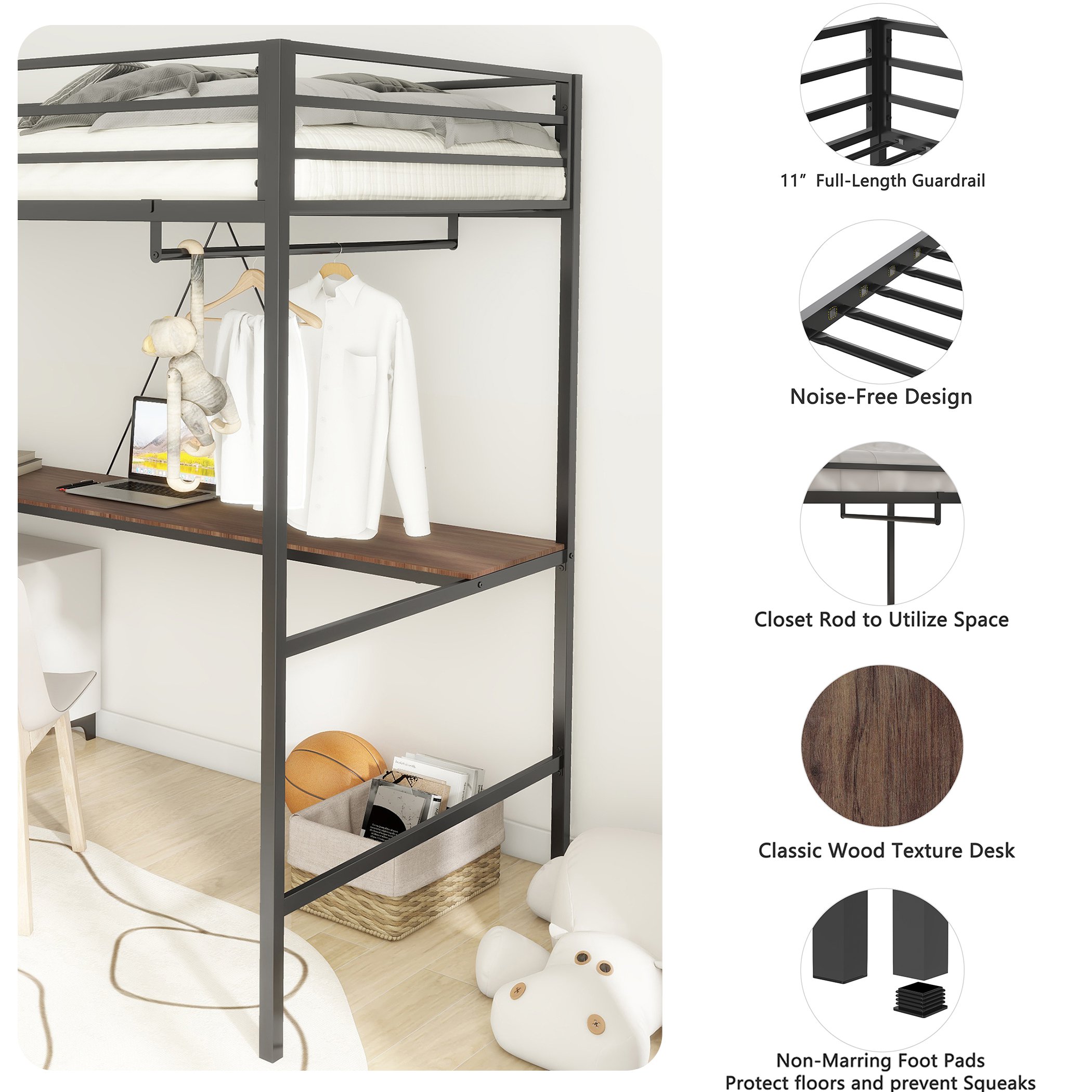 Adam Twin Loft Bunk Metal Bed Frame with Desk and Closet Rod, Guardrails, Easy Assembly, 76.69″ L x 40.94″ W x 72.01″ H, Black | Aosom.com 3