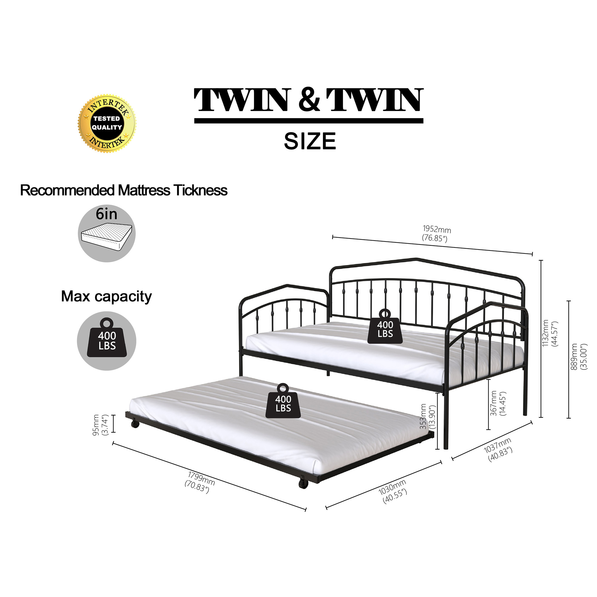 Fox Twin Metal Daybed Frame with Twin Trundle, Anti-Noise Design, No Box Spring Needed, Fits Standard Twin Mattresses, Black | Aosom.com 1
