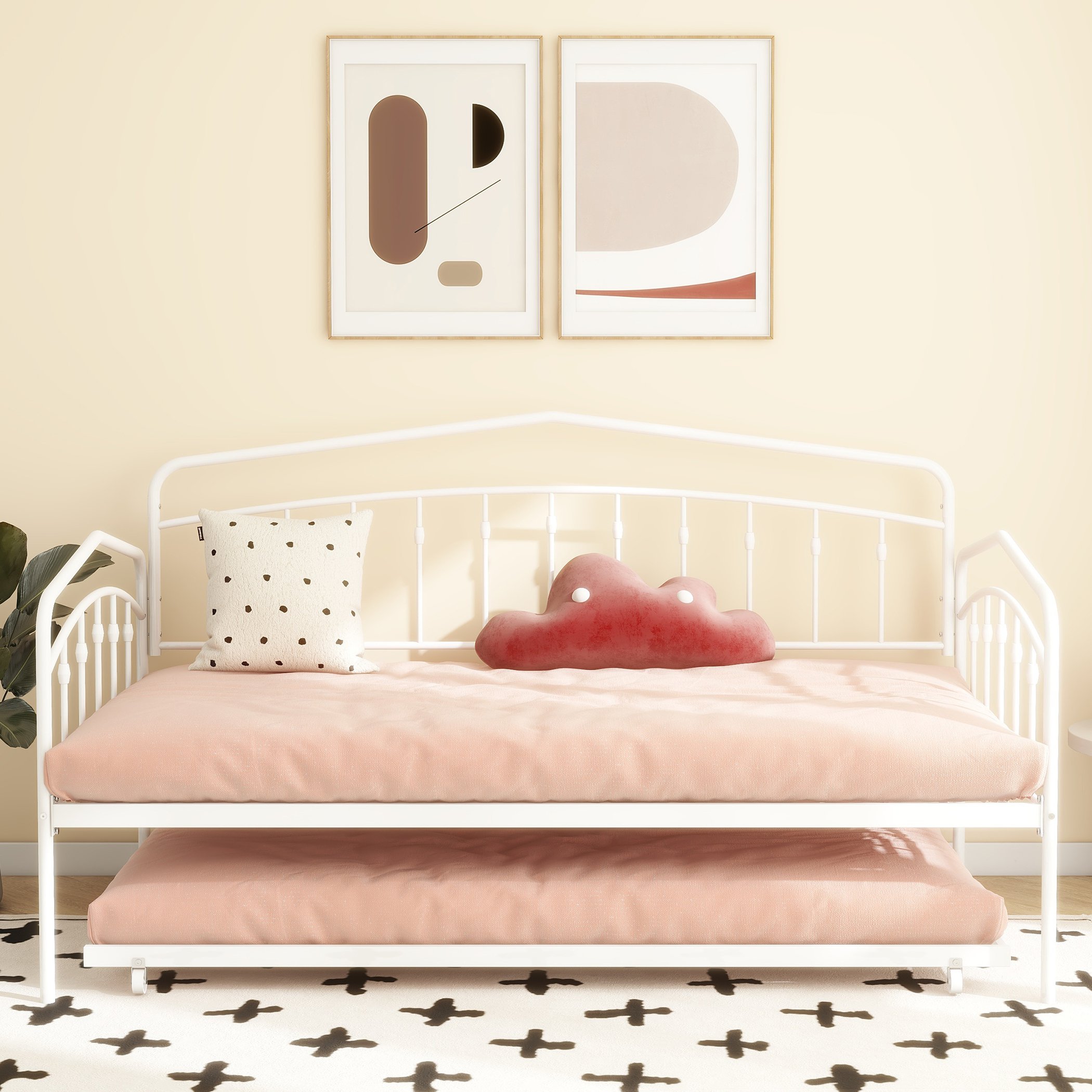 Fox Twin Metal Daybed Frame with Twin Trundle, Anti-Noise Design, No Box Spring Needed, Fits Standard Twin Mattresses, White | Aosom.com 2