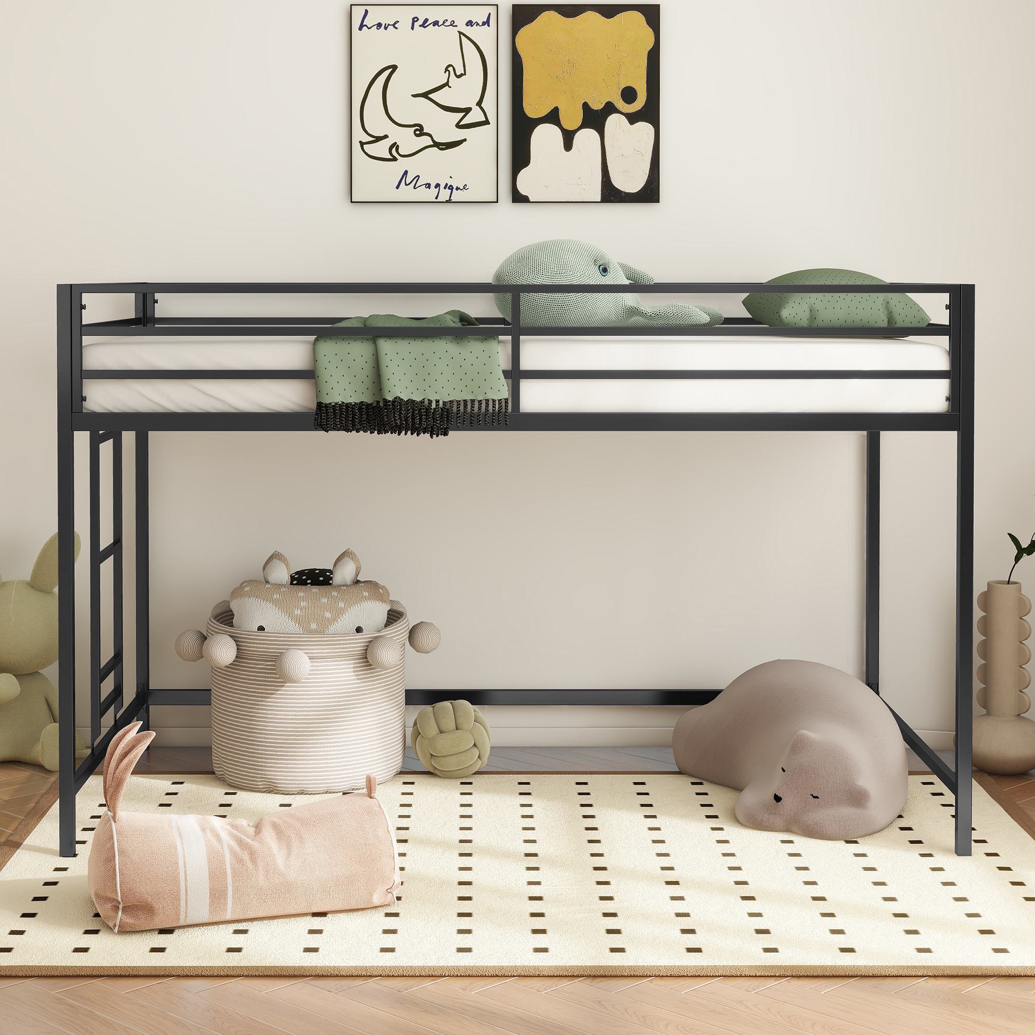 Twin Childrens Loft Bunk Bed with Metal Bed Frame and Safety Guard Rails, Anti-Noise Design, Protective Post Caps, for Kids, Teens, Black | Aosom.com 4