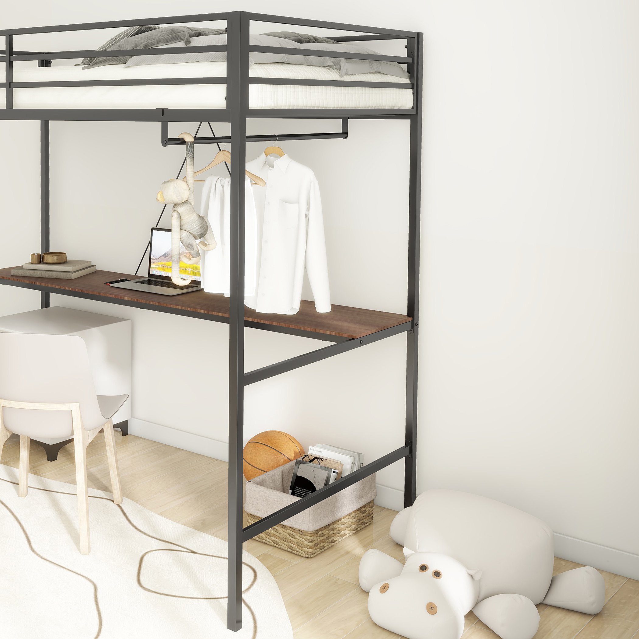 Adam Twin Loft Bunk Metal Bed Frame with Desk and Closet Rod, Guardrails, Easy Assembly, 76.69″ L x 40.94″ W x 72.01″ H, Black | Aosom.com 6