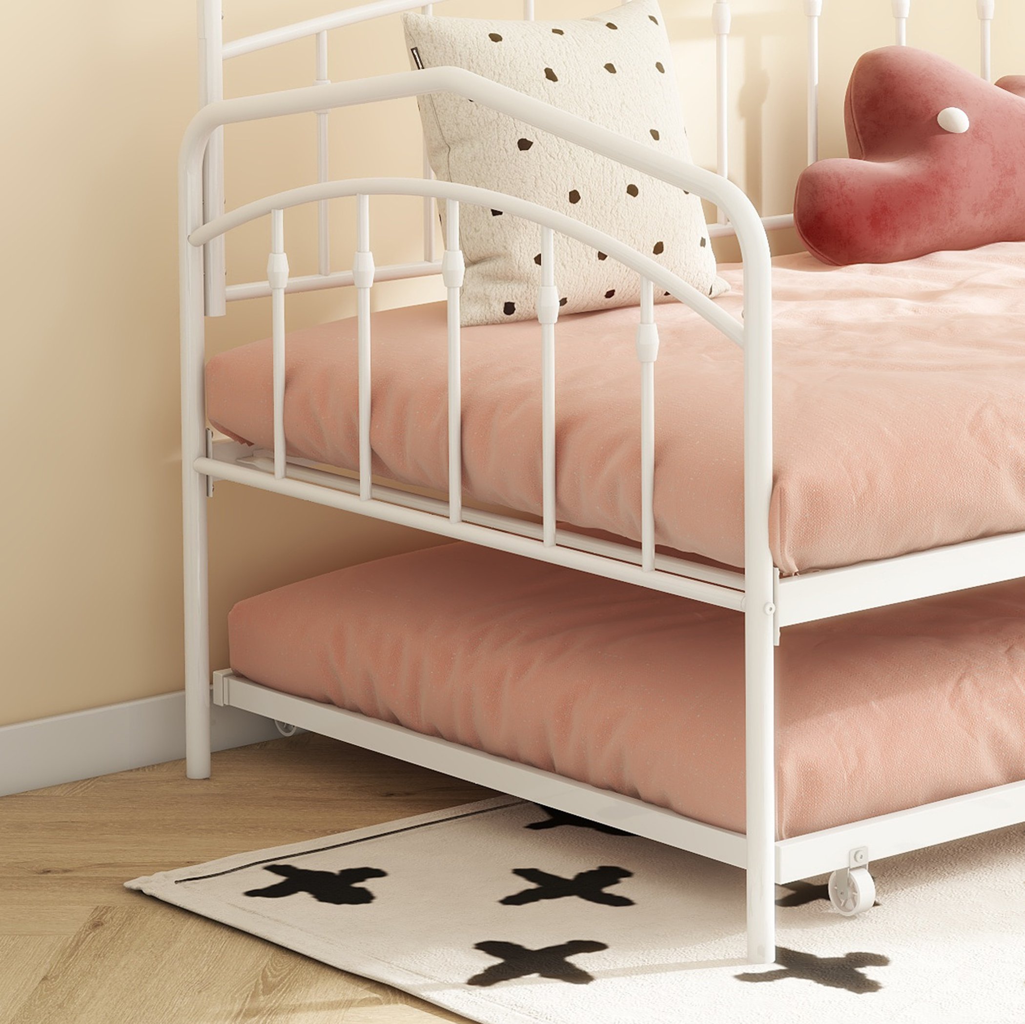 Fox Twin Metal Daybed Frame with Twin Trundle, Anti-Noise Design, No Box Spring Needed, Fits Standard Twin Mattresses, White | Aosom.com 6
