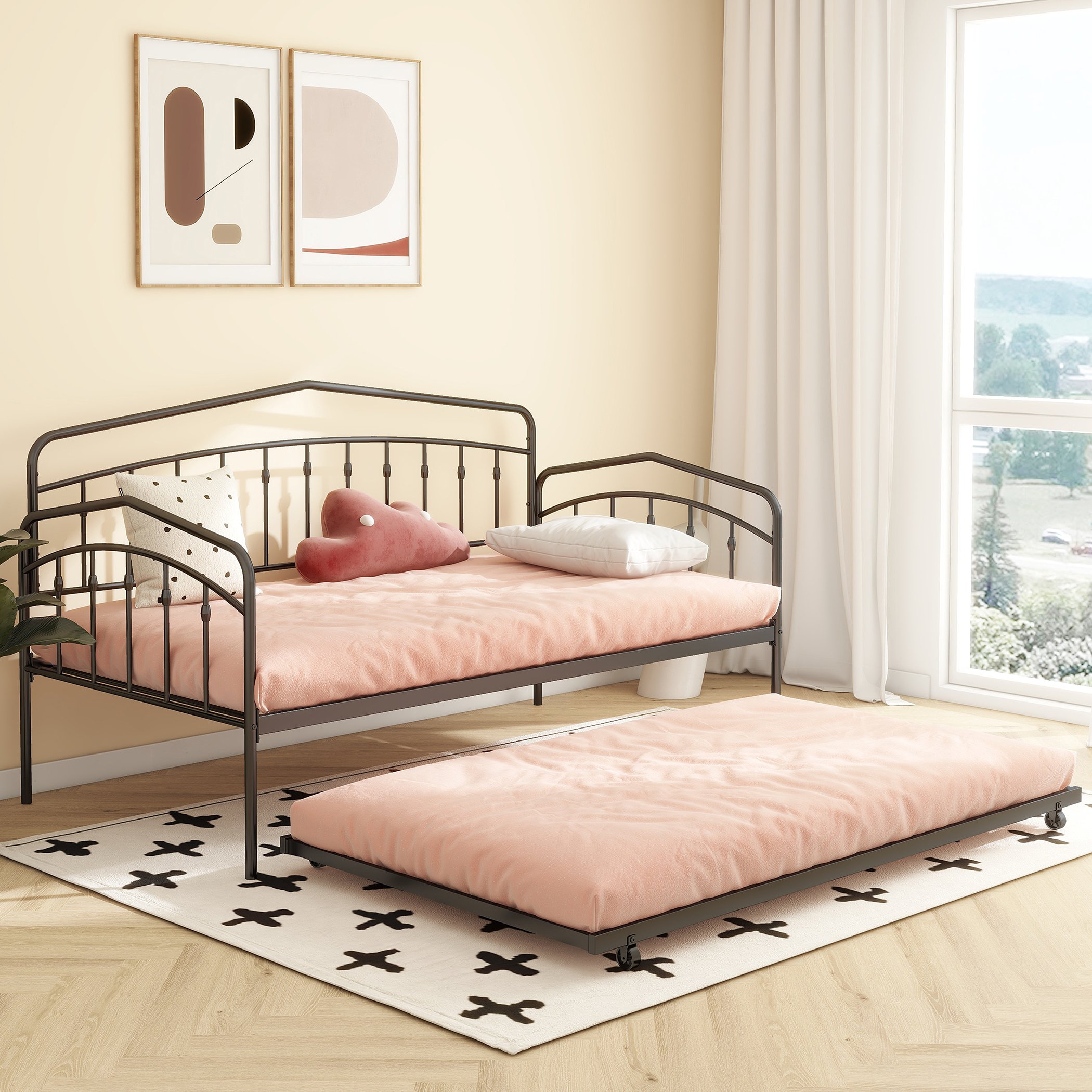 Fox Twin Metal Daybed Frame with Twin Trundle, Anti-Noise Design, No Box Spring Needed, Fits Standard Twin Mattresses, Black | Aosom.com 6