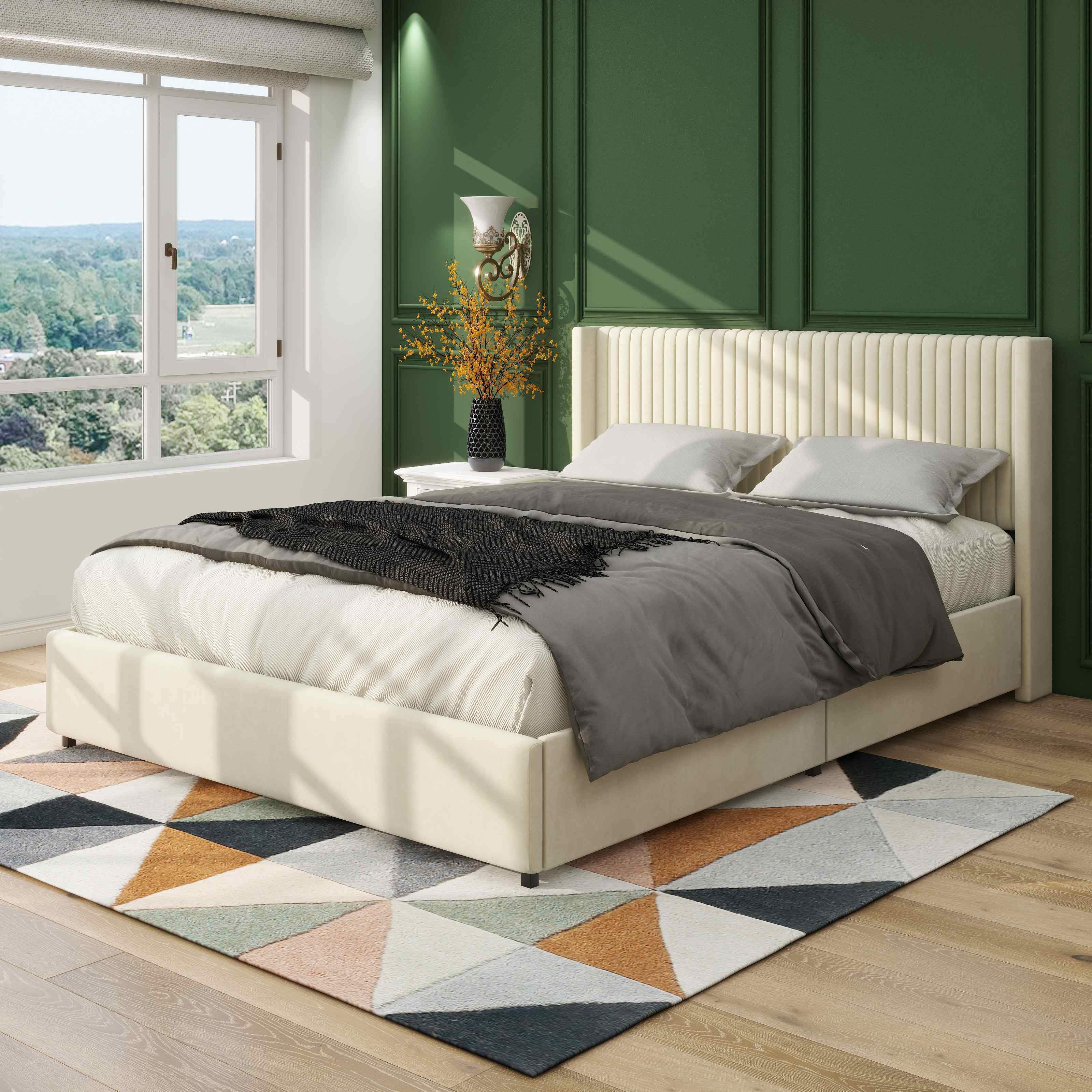 Queen Size Velvet Upholstered Platform Bed Frame with 2 Drawers, Wingback Headboard, Wooden Slats, No Box Spring Needed, Ivory | Aosom.com