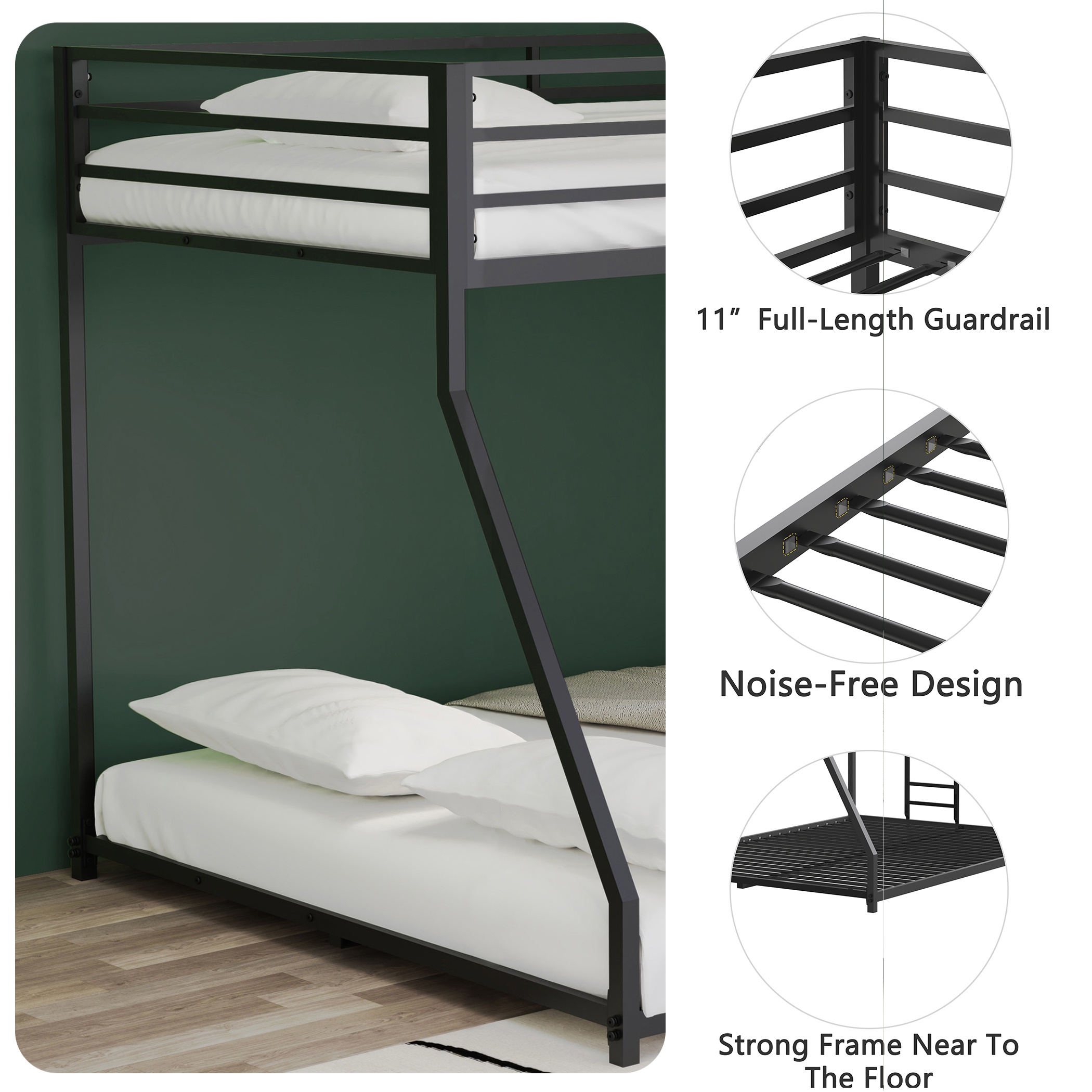 Adam Twin Over Full Metal Bunk Bed Frame, Sturdy Frame with Guardrails, Removable Ladder, No Box Spring Needed, Easy Assembly, Black | Aosom.com 3