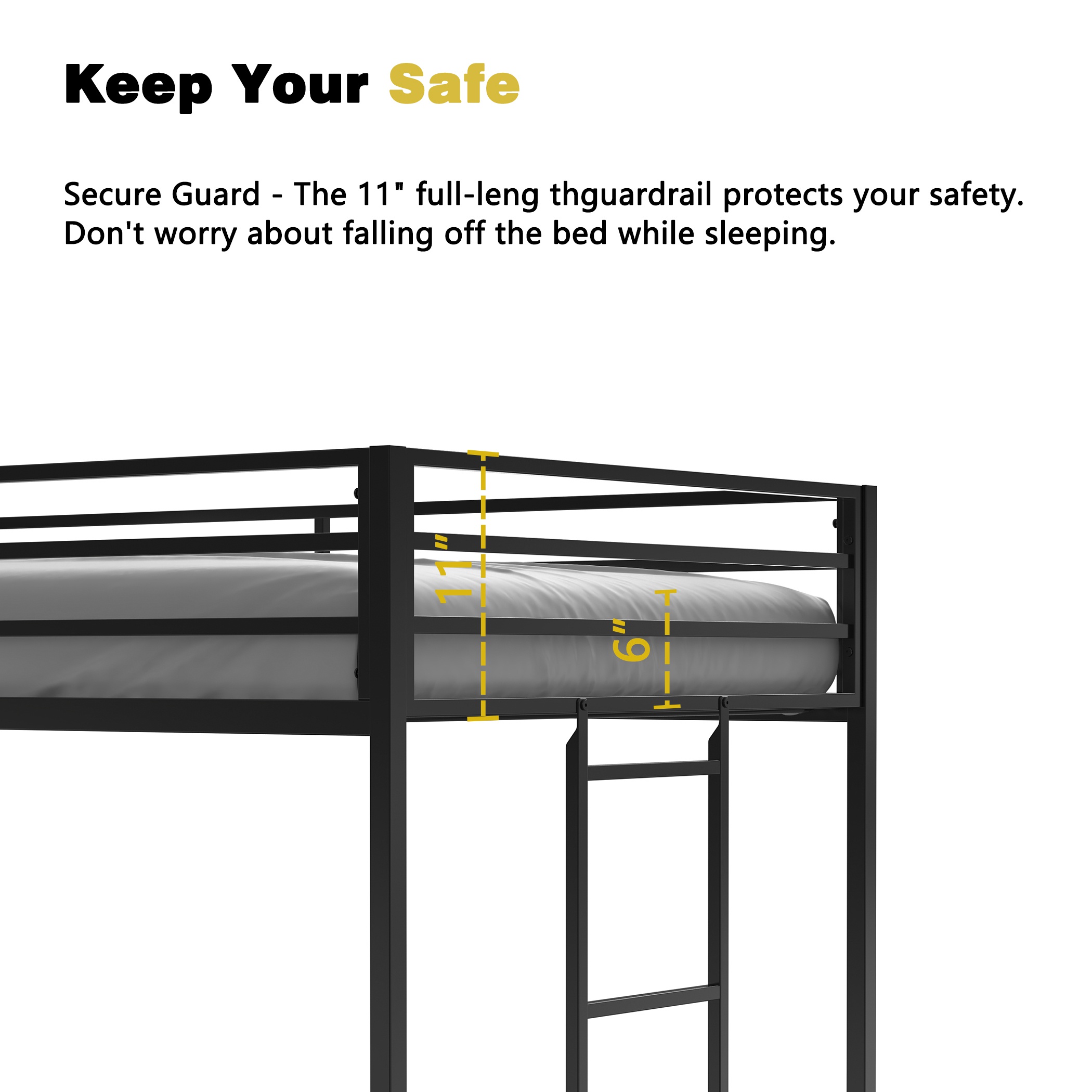 Twin Childrens Loft Bunk Bed with Metal Bed Frame and Safety Guard Rails, Anti-Noise Design, Protective Post Caps, for Kids, Teens, Black | Aosom.com 2
