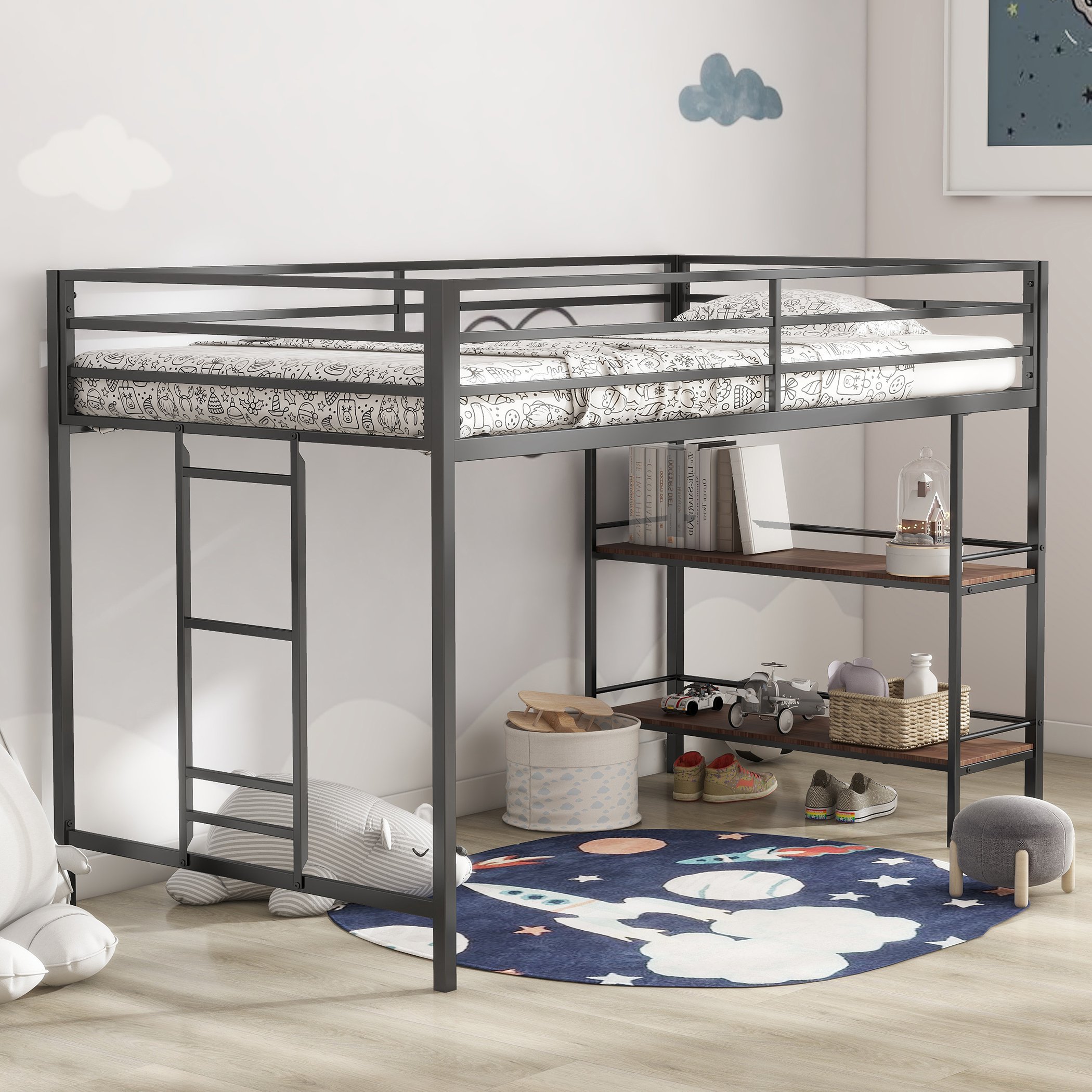 Junior Twin Loft Metal Bunk Bed Frame with Cinnamon Wood Shelf, Full-Length Guardrails, Anti-Noise Design, Easy Assembly, Black | Aosom.com