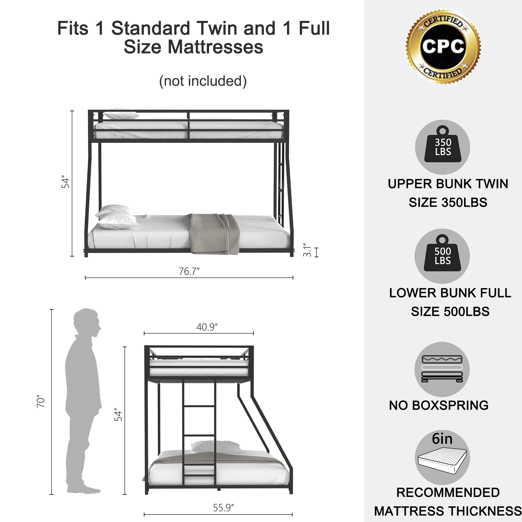 Adam Twin Over Full Metal Bunk Bed Frame, Sturdy Frame with Guardrails, Removable Ladder, No Box Spring Needed, Easy Assembly, Black | Aosom.com 1