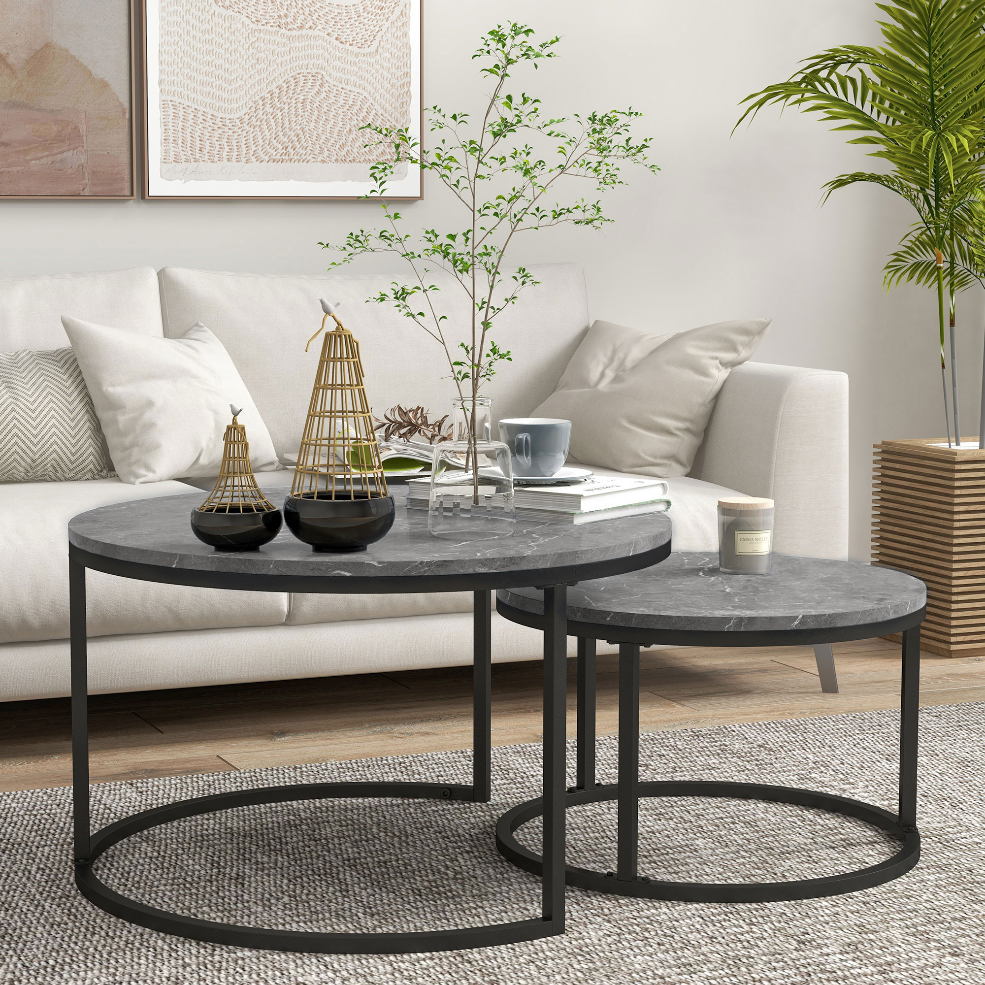 HOMCOM Modern Coffee Table Set of 2, Nesting Side Tables w/ Metal Base ...