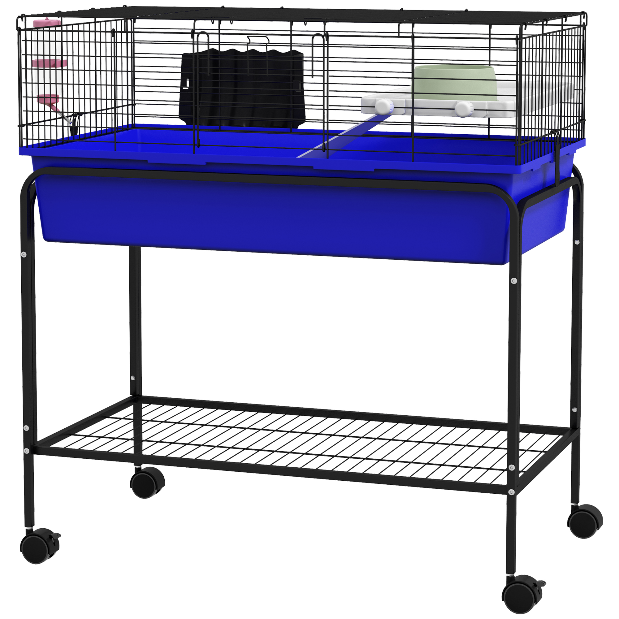 PawHut Two-Story Small Animal Cage Removable from Stand, Pet Habitat with Shelf &amp; Wheels, 33 x 18.5 x 35, Blue