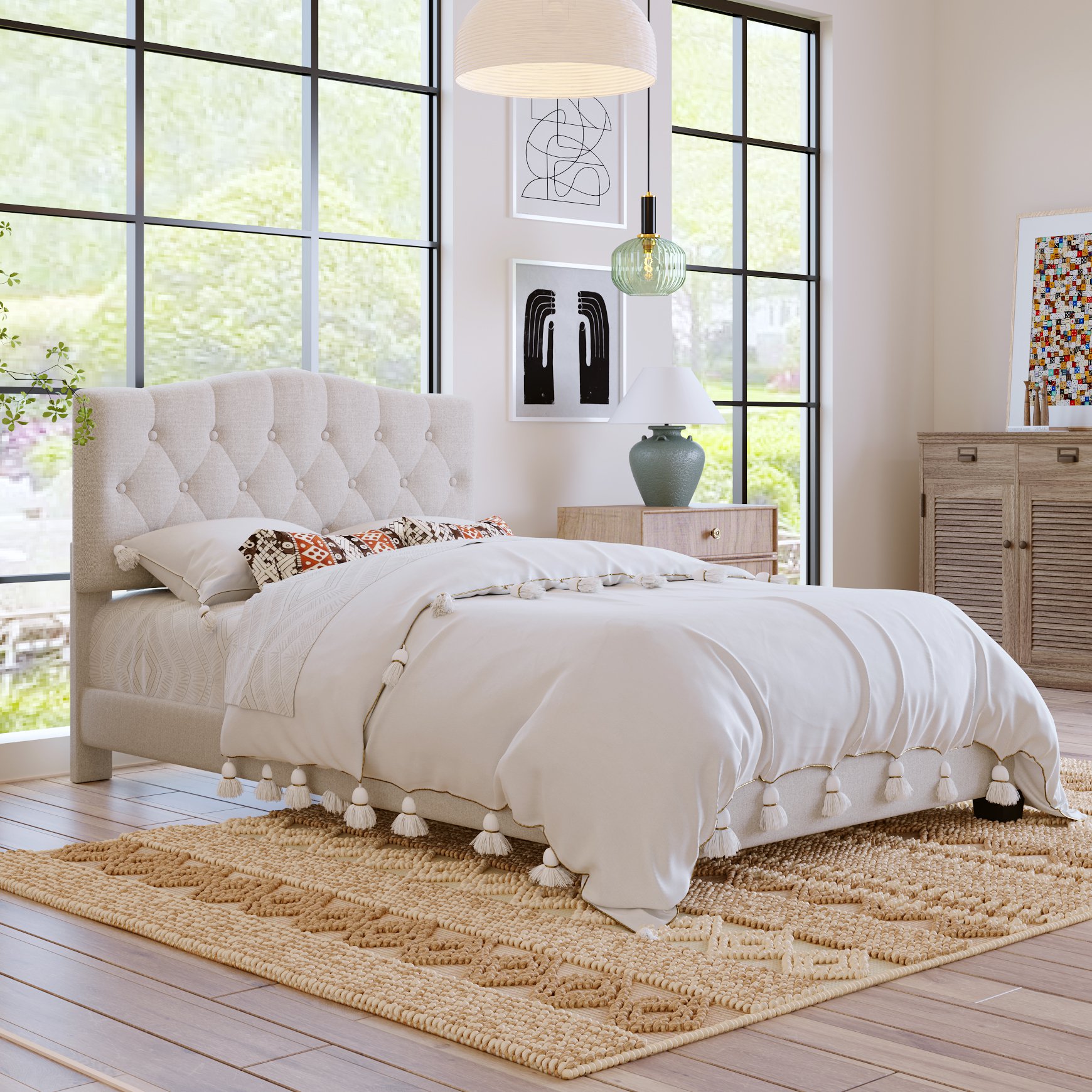 Double Bed Frame with Curved Headboard and Diamond Tufted Details, Modern Platform Bed with Solid Wood Frame, No Box Spring Required, Beige| Aosom.com 2