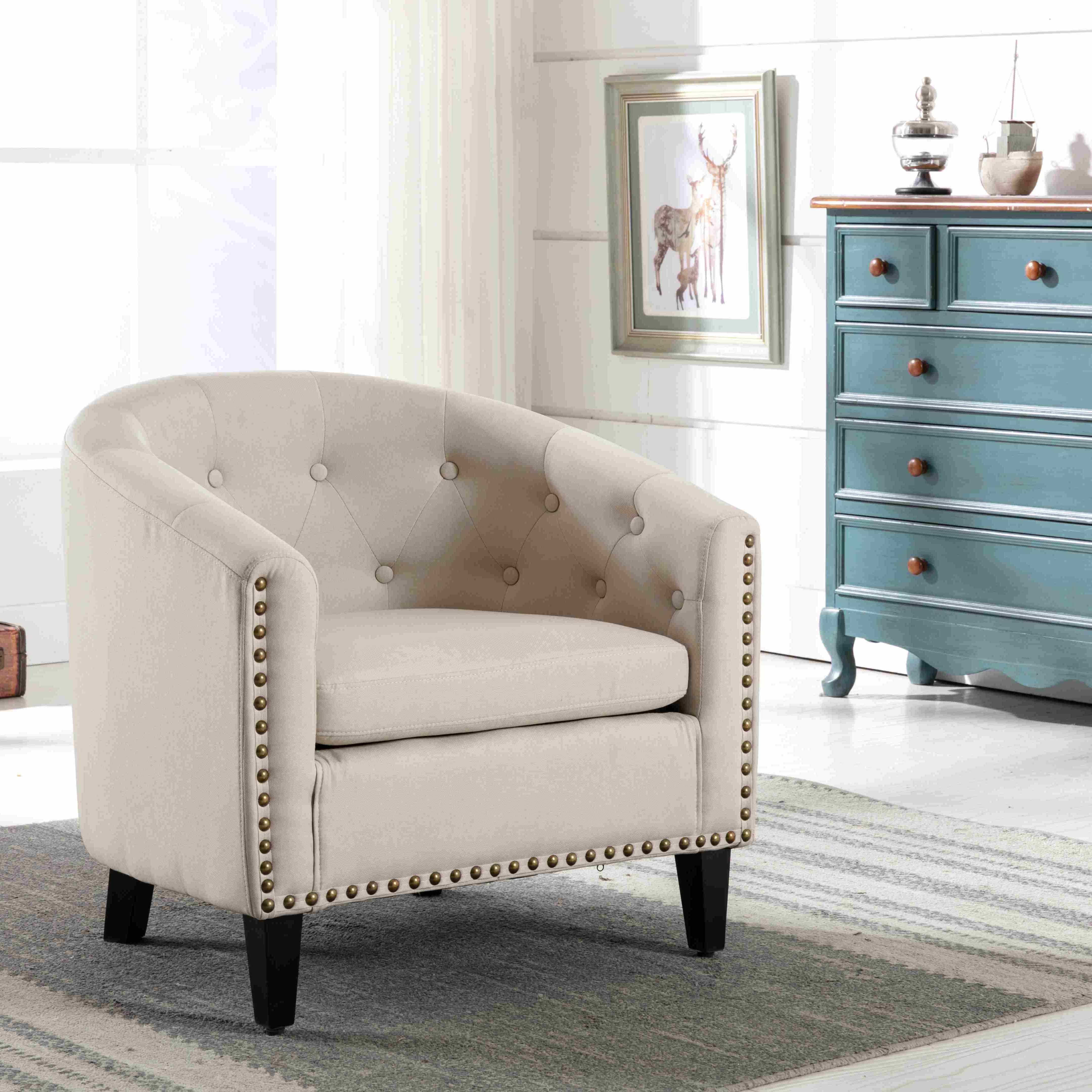 Upholstered Fabric Chair with Rubber Wood Legs and Foam Fill, Chesterfield-Inspired Barrel Accent Chair for Living Room and Bedroom, Tan | Aosom.com