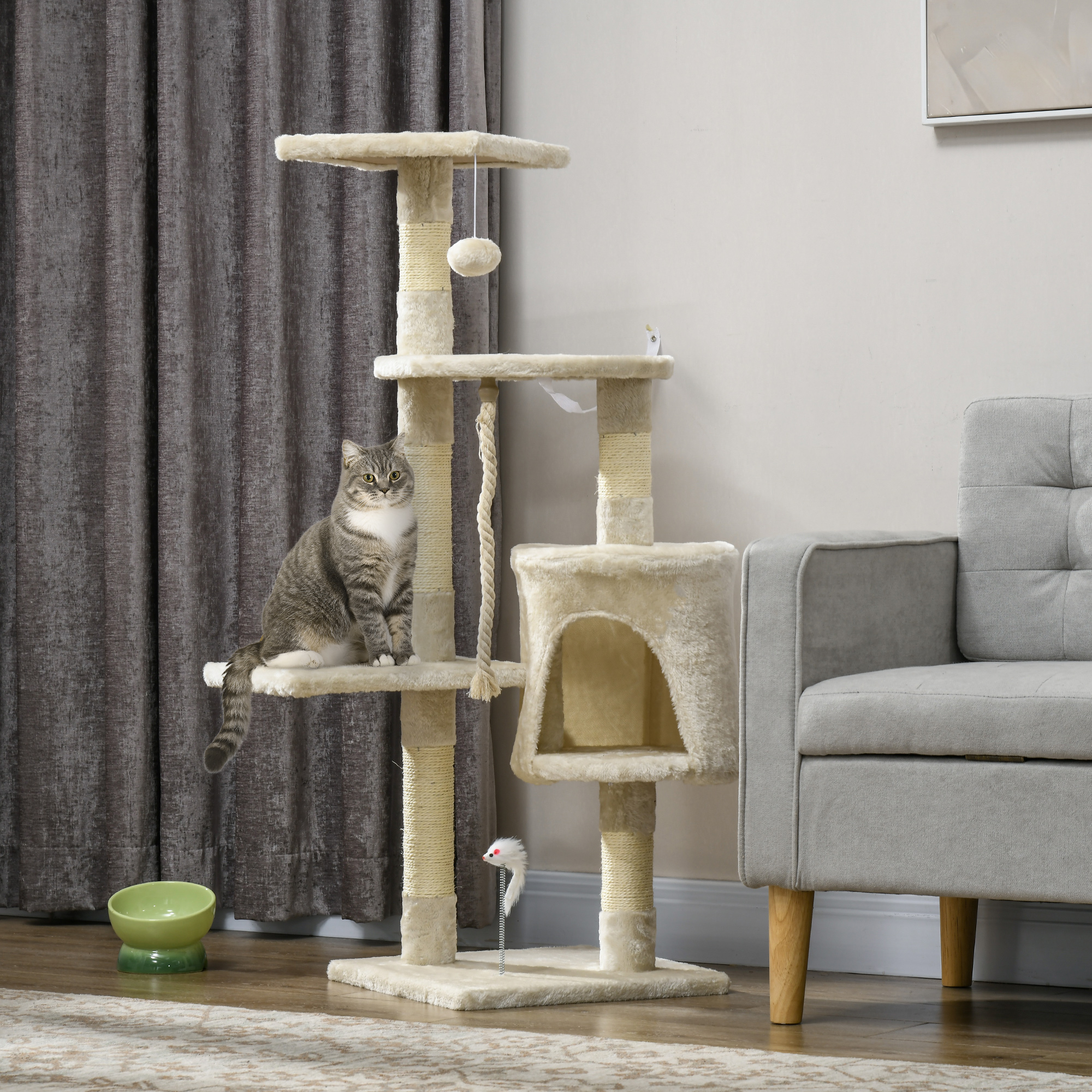 PawHut 44" Multi-Level Cat Tree: Scratcher, Kitty Condo, Activity Center & Furniture Post in Beige Finish Aosom Canada