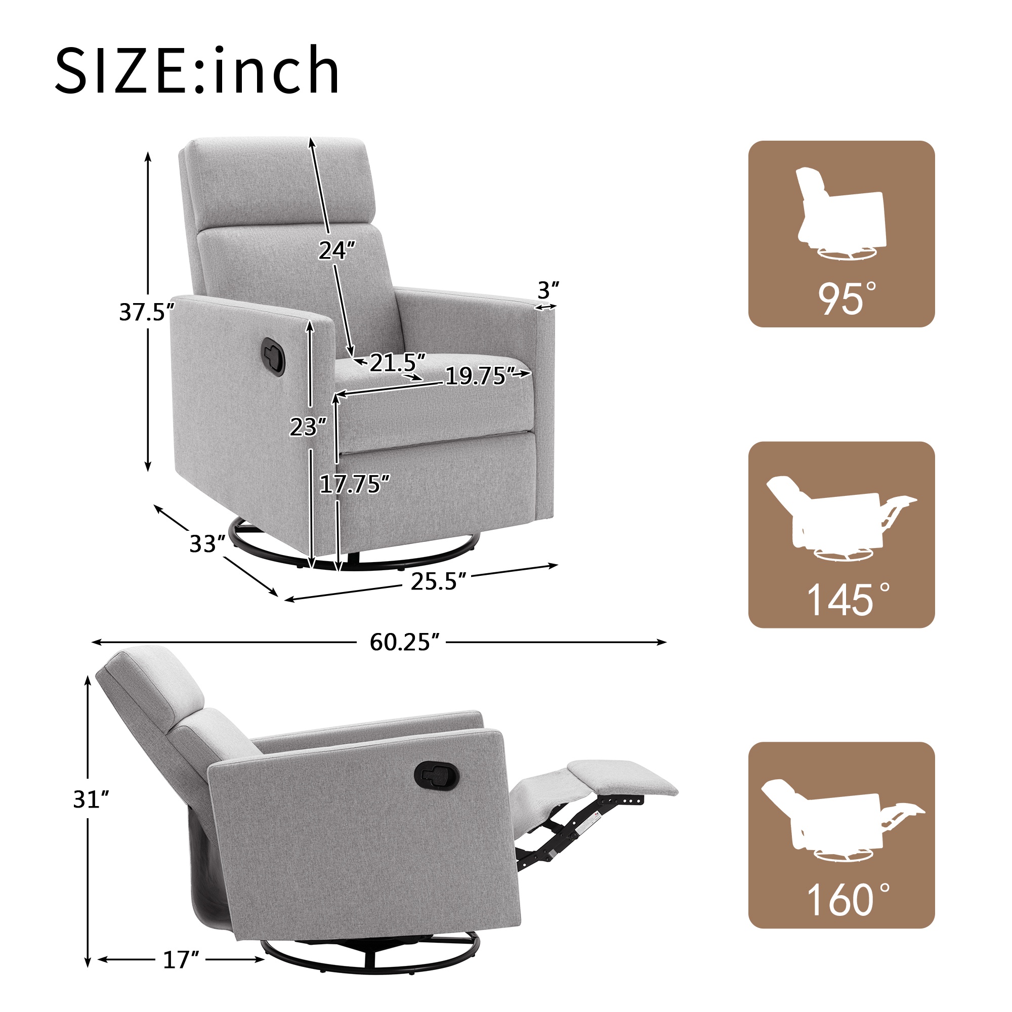 Modern Upholstered Nursing Reclining Chair with 360° Swivel Base and Adjustable Recline, Sleeping Recliner Chair for Living Room, Gray | Aosom.com 1