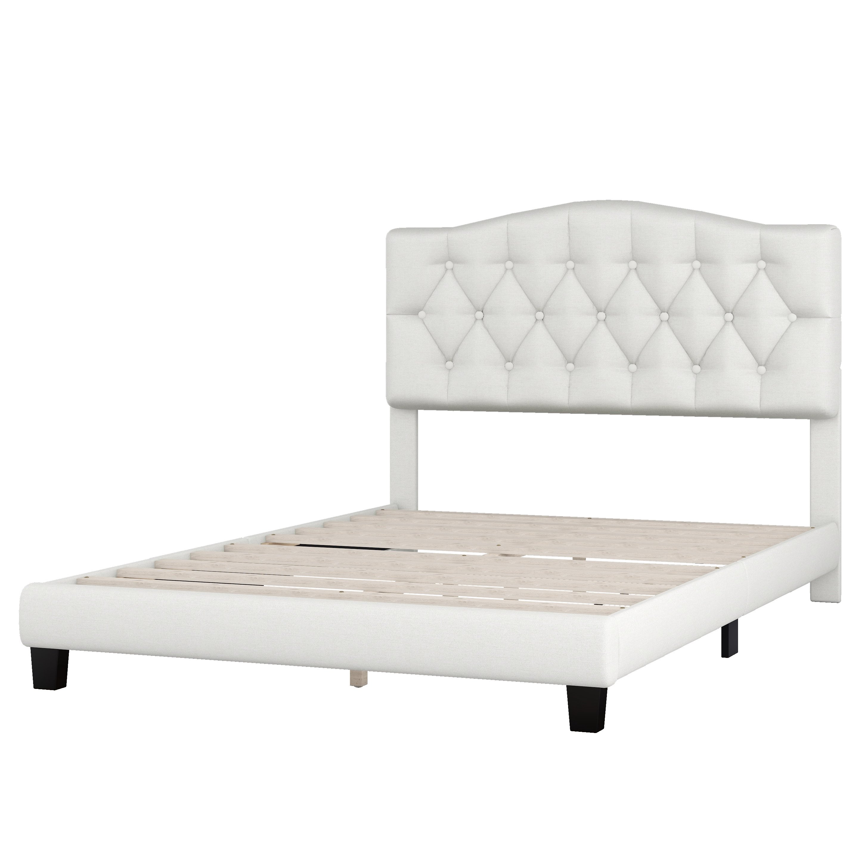 Double Bed Frame with Curved Headboard and Diamond Tufted Details, Modern Platform Bed with Solid Wood Frame, No Box Spring Required, Beige| Aosom.com 0