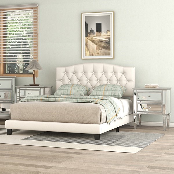 Double Bed Frame with Curved Headboard and Diamond Tufted Details, Modern Platform Bed with Solid Wood Frame, No Box Spring Required, Beige| Aosom.com 3