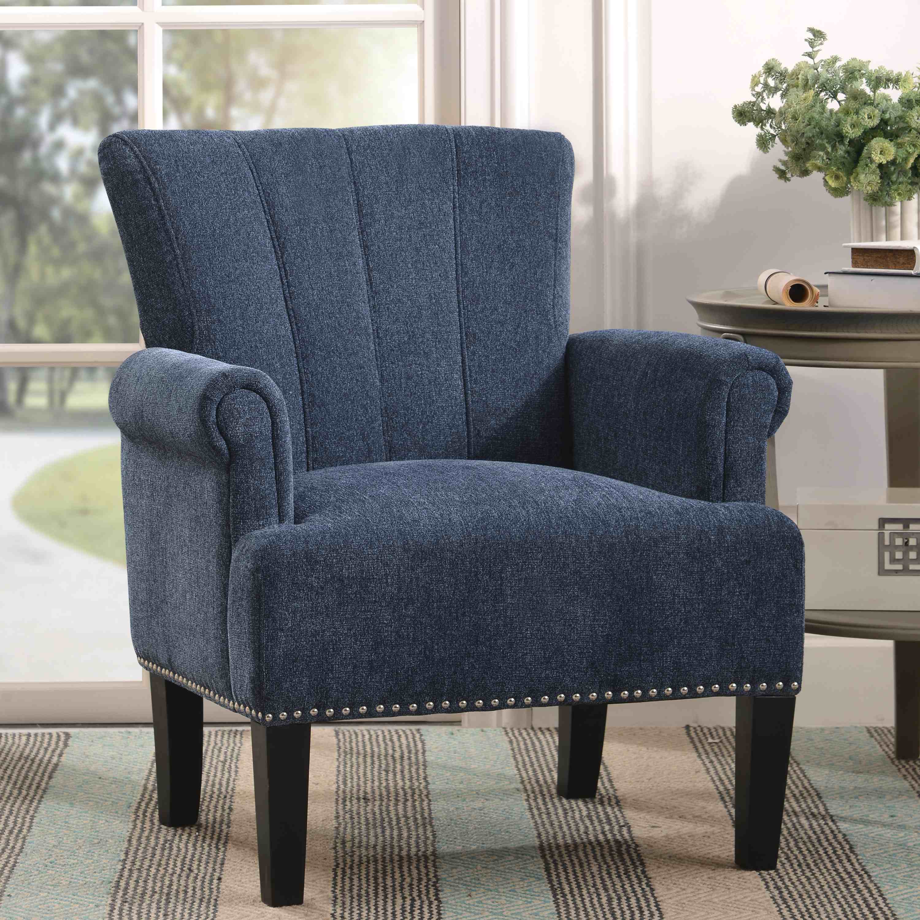 Upholstered Armchair with Rubber Wood Legs and Squared Back, Modern Lounge Chair with Stain-Resistant Fabric for Sitting Room, Navy | Aosom.com