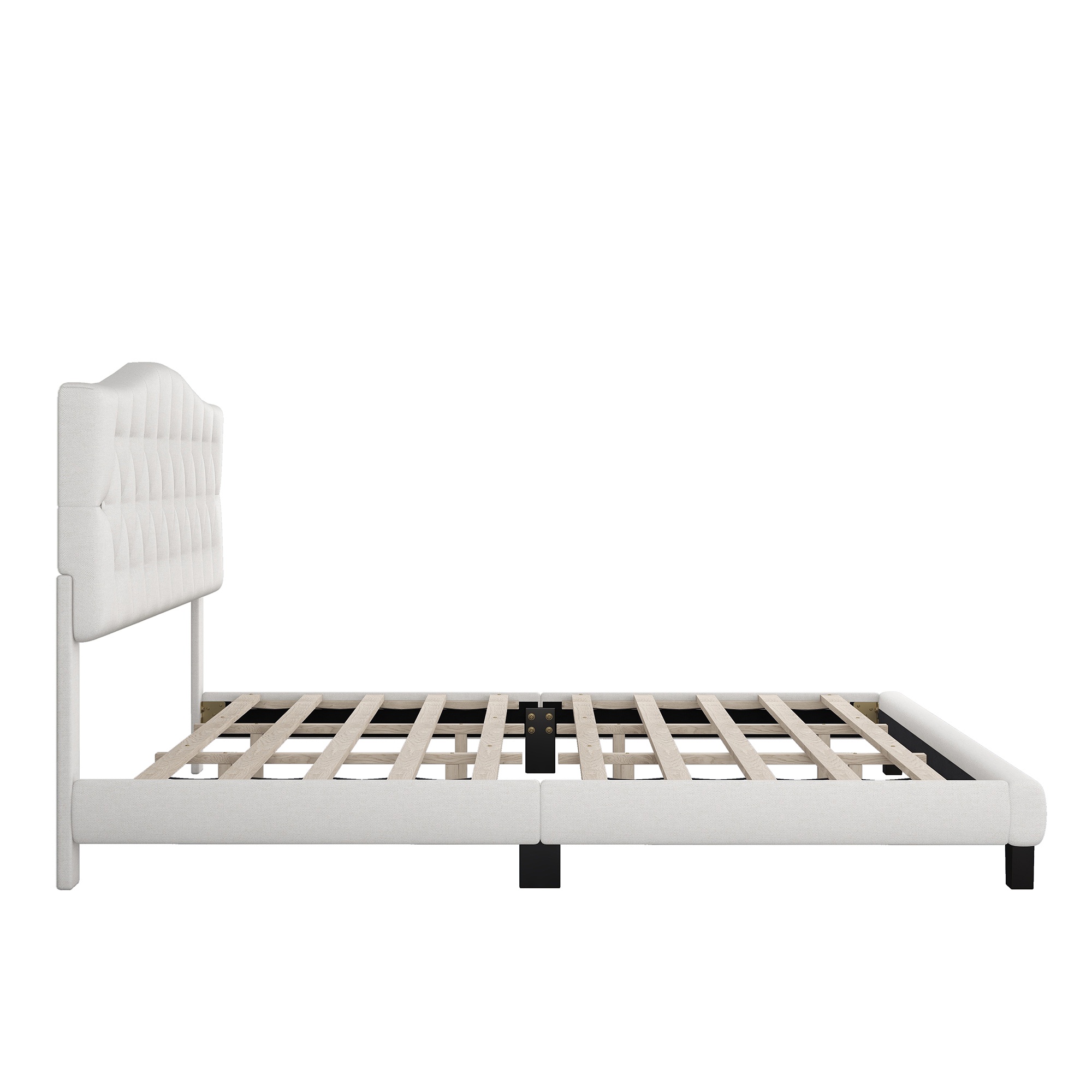 Double Bed Frame with Curved Headboard and Diamond Tufted Details, Modern Platform Bed with Solid Wood Frame, No Box Spring Required, Beige| Aosom.com 6