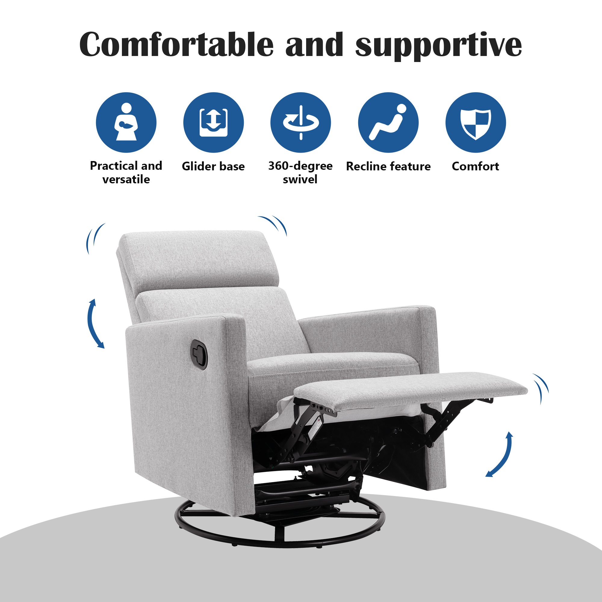 Modern Upholstered Nursing Reclining Chair with 360° Swivel Base and Adjustable Recline, Sleeping Recliner Chair for Living Room, Gray | Aosom.com 3