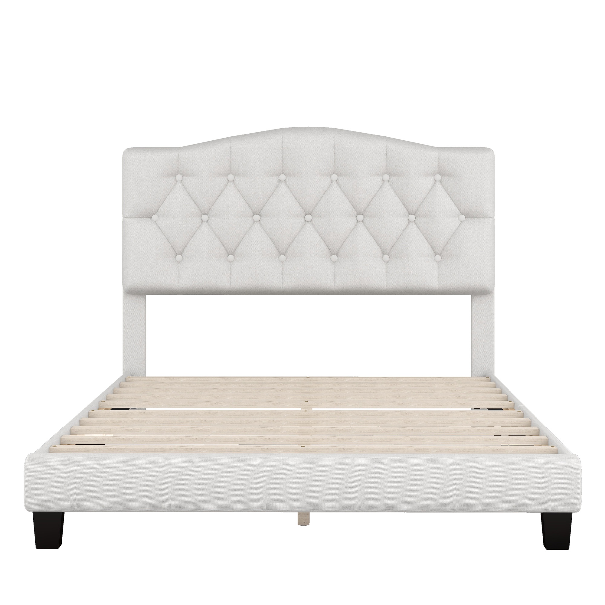 Double Bed Frame with Curved Headboard and Diamond Tufted Details, Modern Platform Bed with Solid Wood Frame, No Box Spring Required, Beige| Aosom.com 7