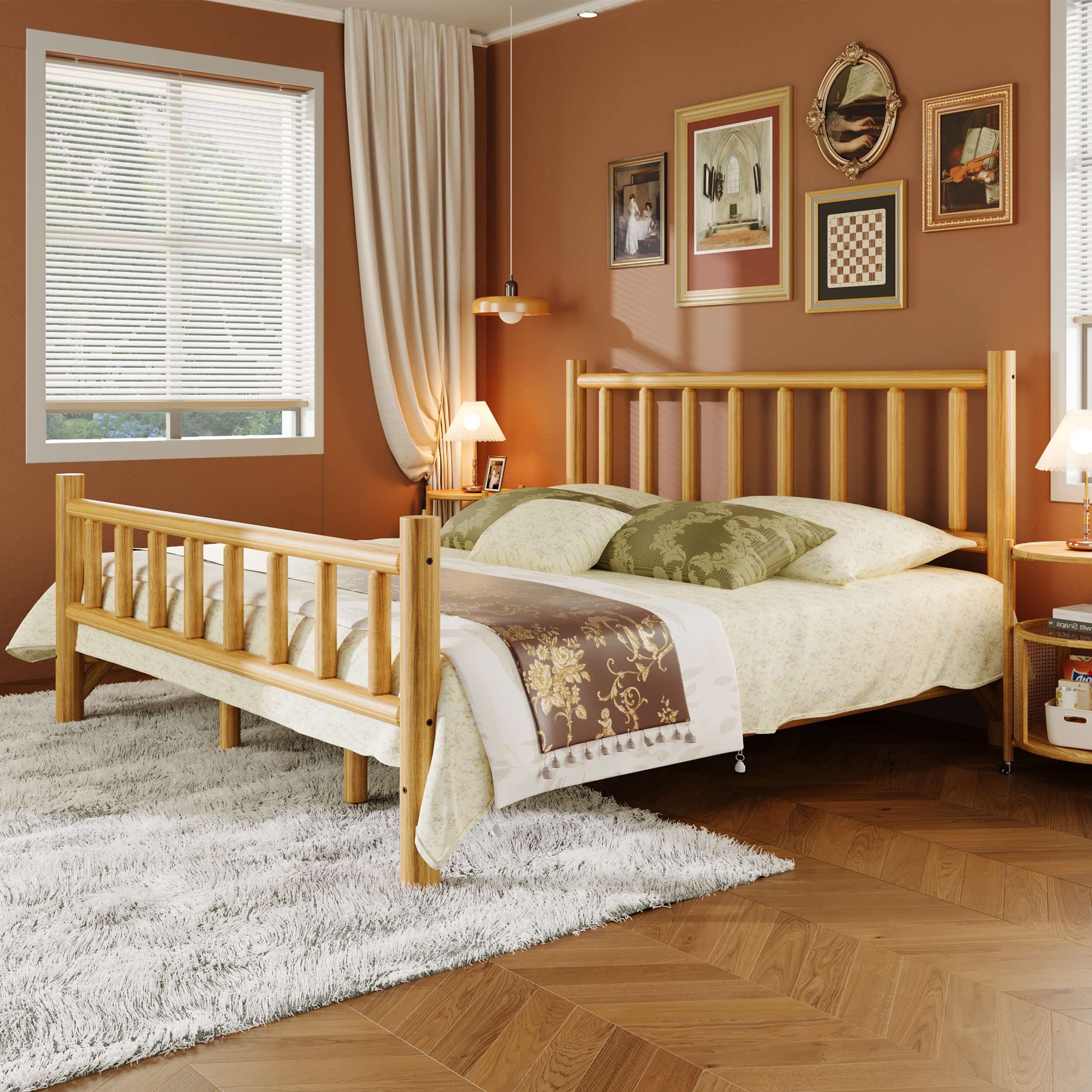 Farmhouse King Size Wood Platform Bed Frame with Solid Pine Cylinder Construction, Log Bed Base for Any Style, Natural Finish, Natural | Aosom.com