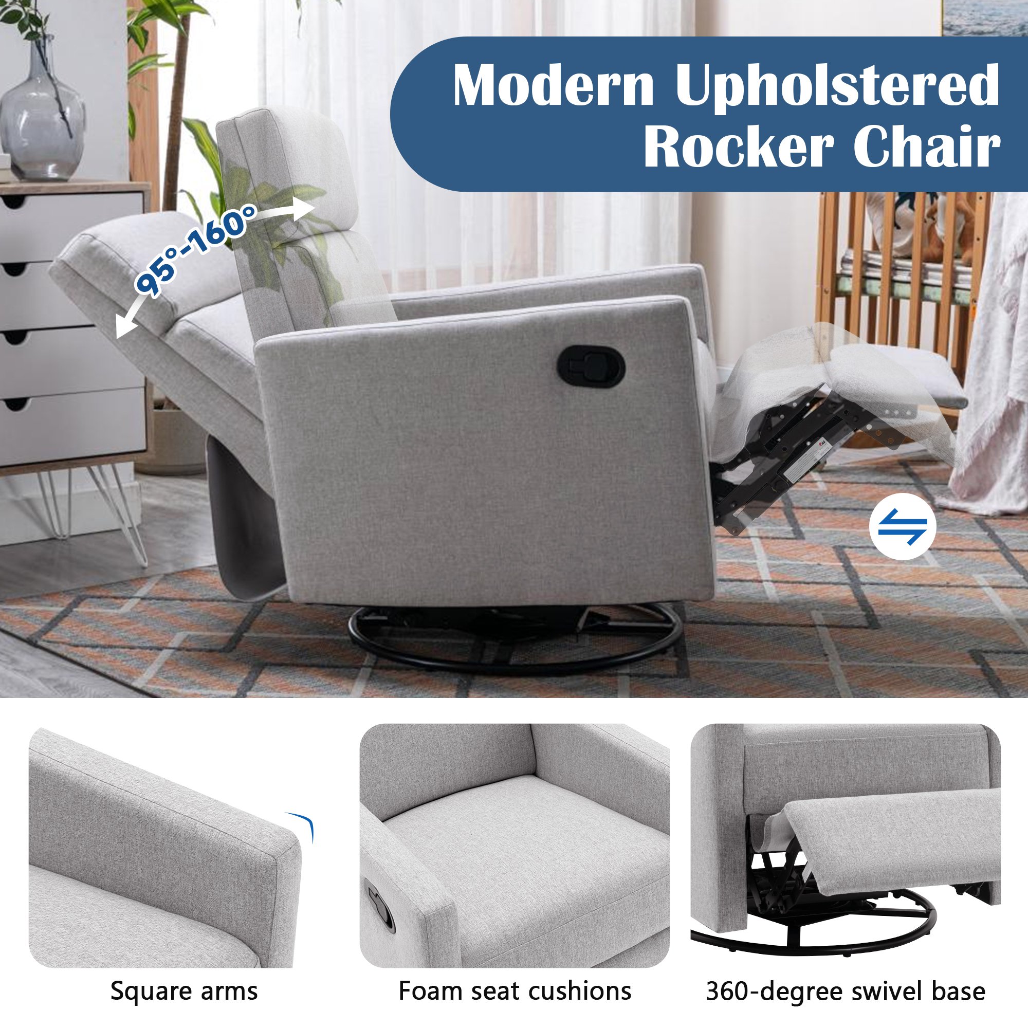 Modern Upholstered Nursing Reclining Chair with 360° Swivel Base and Adjustable Recline, Sleeping Recliner Chair for Living Room, Gray | Aosom.com 4