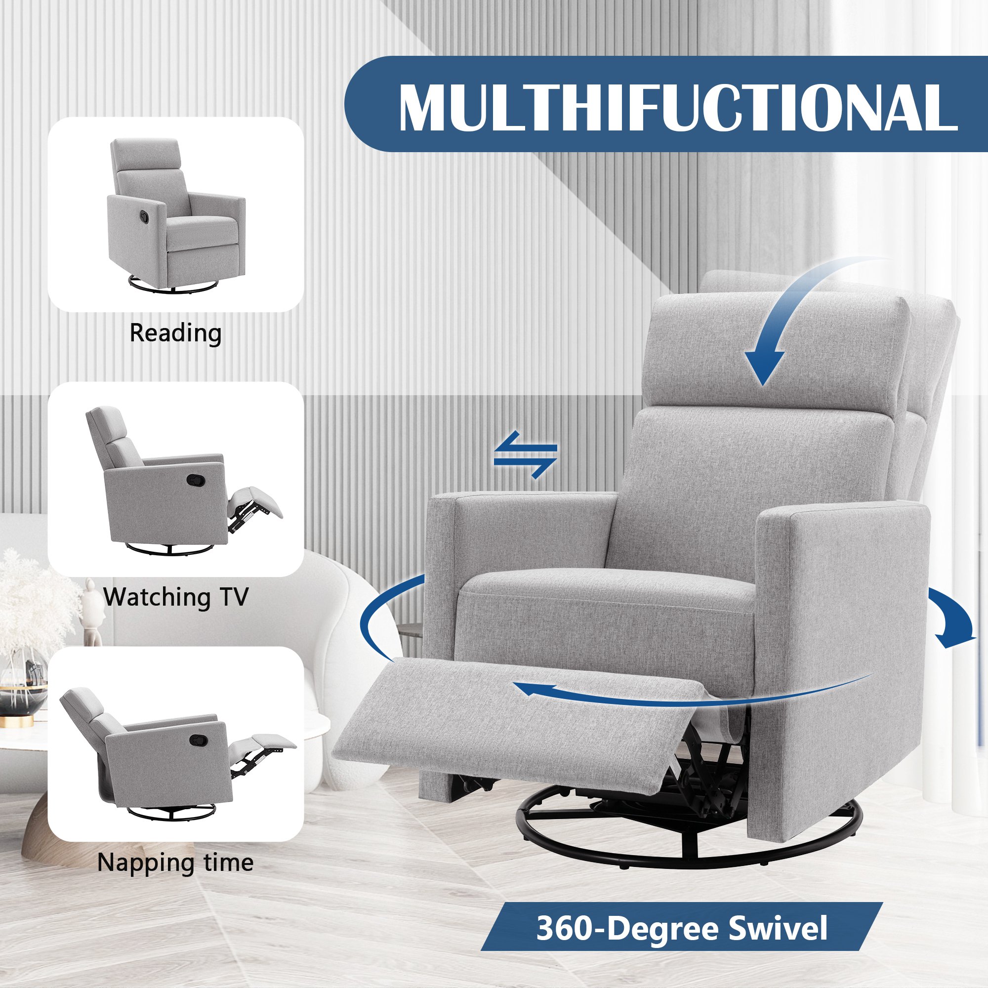Modern Upholstered Nursing Reclining Chair with 360° Swivel Base and Adjustable Recline, Sleeping Recliner Chair for Living Room, Gray | Aosom.com 2