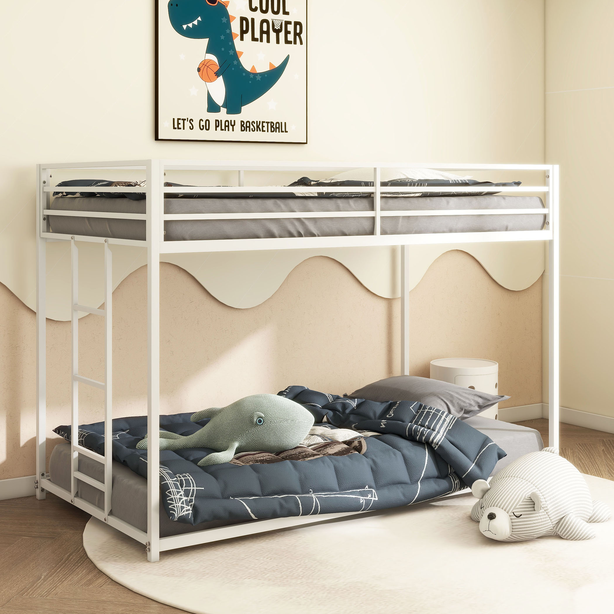 Adam Twin over Twin Metal Bunk Bed Frame with Guardrails, Durable Square Tube Frame, Easy Assembly, and No Box Spring Needed, White | Aosom.com 4