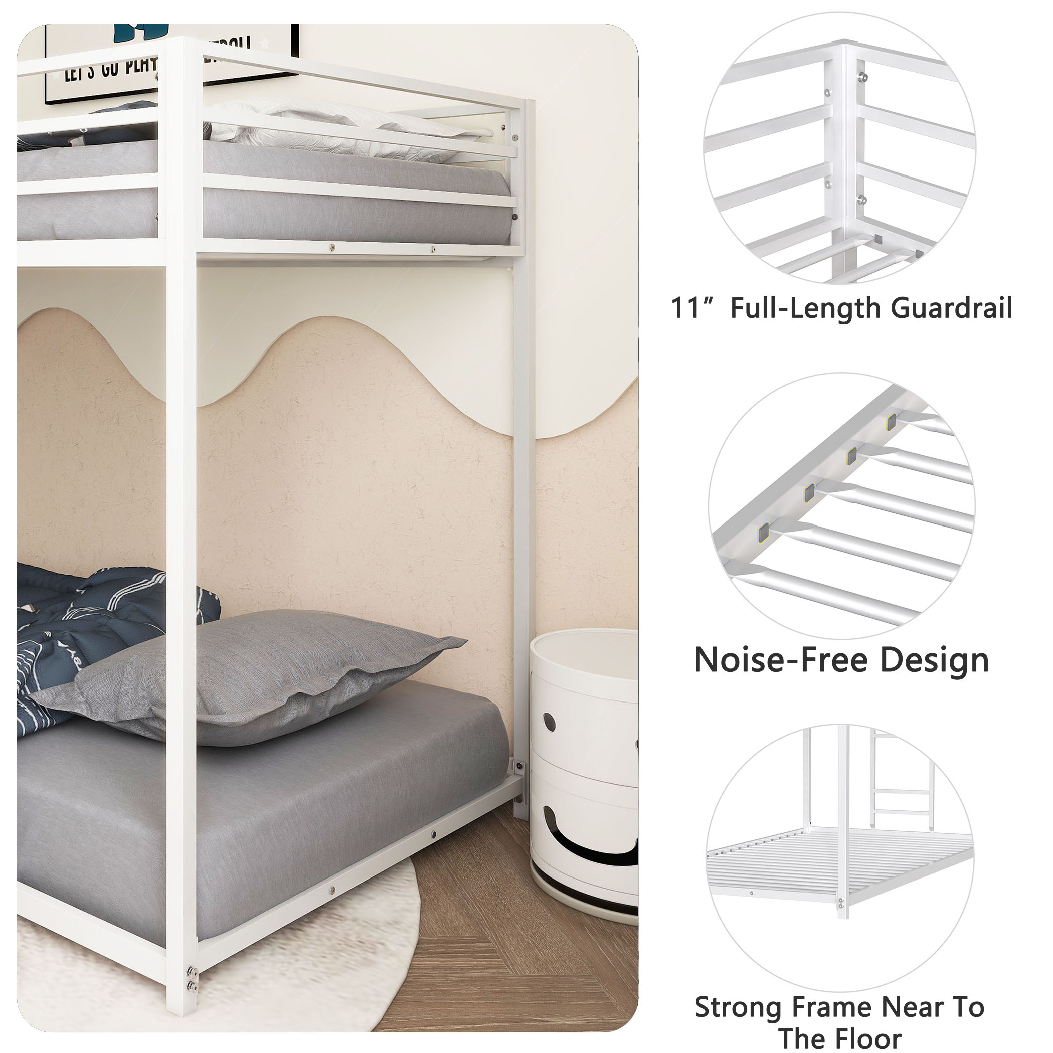 Adam Twin over Twin Metal Bunk Bed Frame with Guardrails, Durable Square Tube Frame, Easy Assembly, and No Box Spring Needed, White | Aosom.com 3
