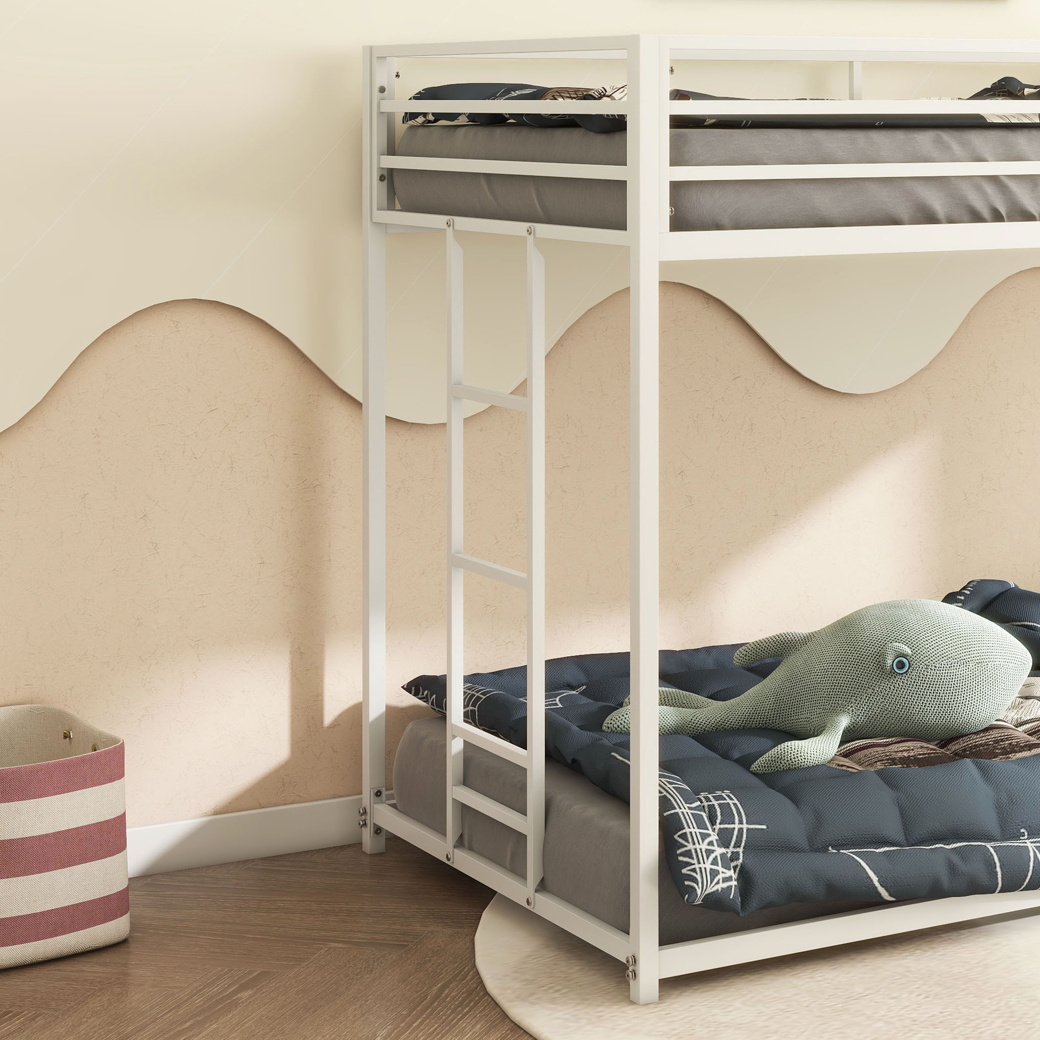 Adam Twin over Twin Metal Bunk Bed Frame with Guardrails, Durable Square Tube Frame, Easy Assembly, and No Box Spring Needed, White | Aosom.com 5