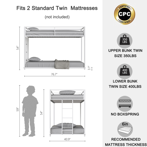 Adam Twin over Twin Metal Bunk Bed Frame with Guardrails, Durable Square Tube Frame, Easy Assembly, and No Box Spring Needed, White | Aosom.com 1