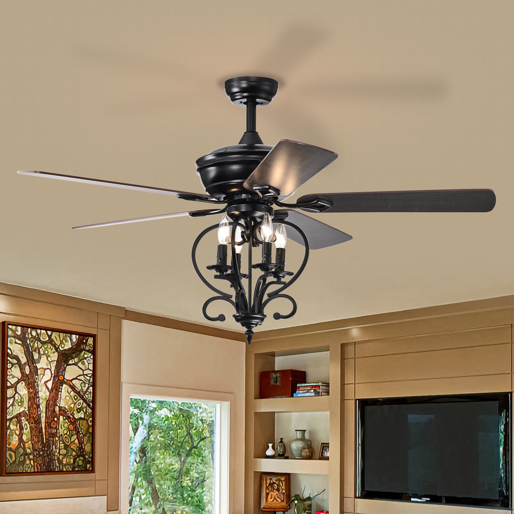 52 Farmhouse Ceiling Fan with 4 Lights and 5 Wood Blades, AC Motor, Remote, 3-Speed, Adjustable Height, Traditional Design, Matte Black | Aosom.com