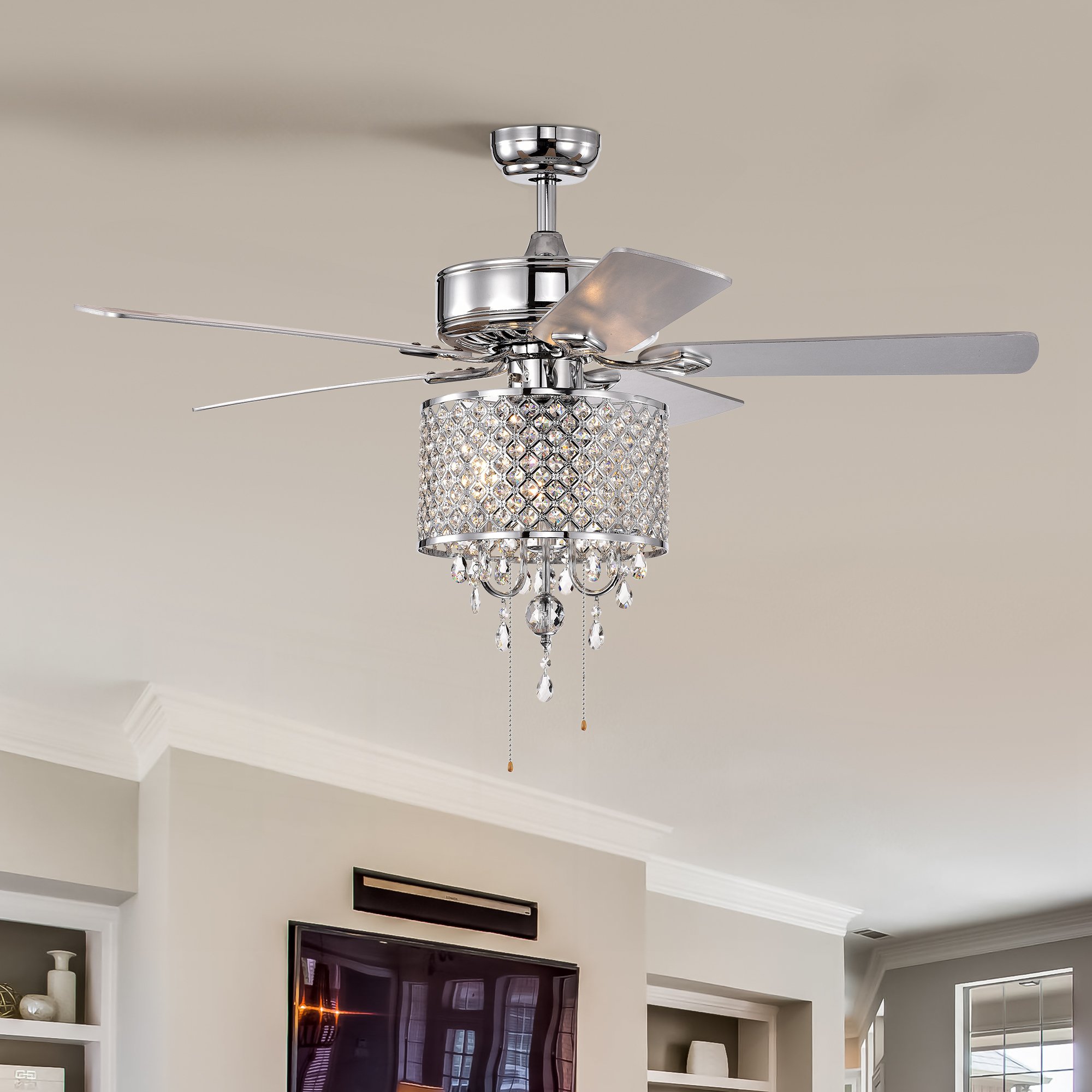 52&#039;&#039; Classical Crystal Ceiling Fan Lamp with 3-Speed, Hand Pull Chain, 5 Reversible Blades, Dual Mount Compatible, Quiet Motor, Chrome | Aosom.com