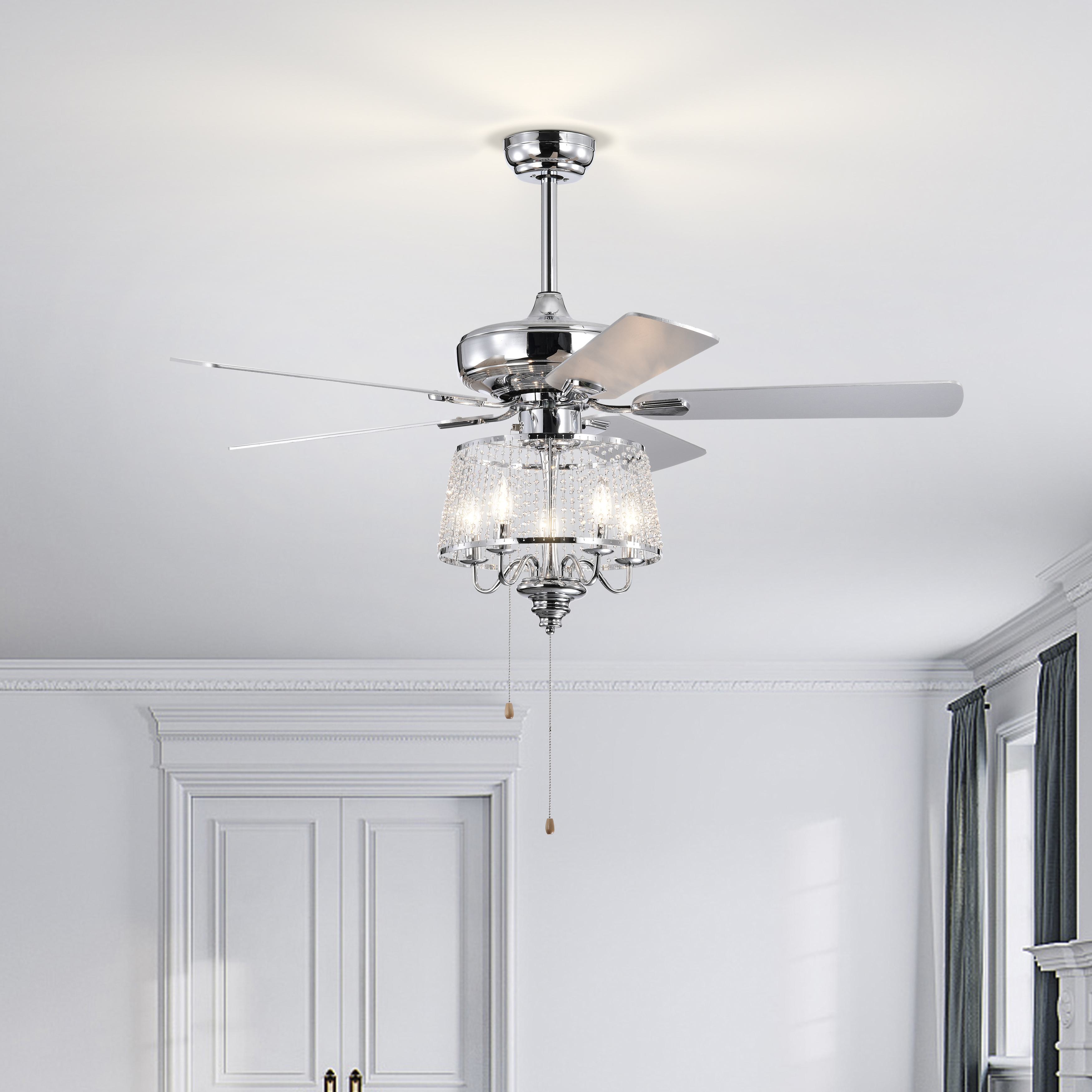 52 Crystal Ceiling Fan with 5 Reversible Wood Blades, Modern Electrical Fan, Remote, Noiseless AC Motor, 4 Bulbs Not Included, Chrome | Aosom.com