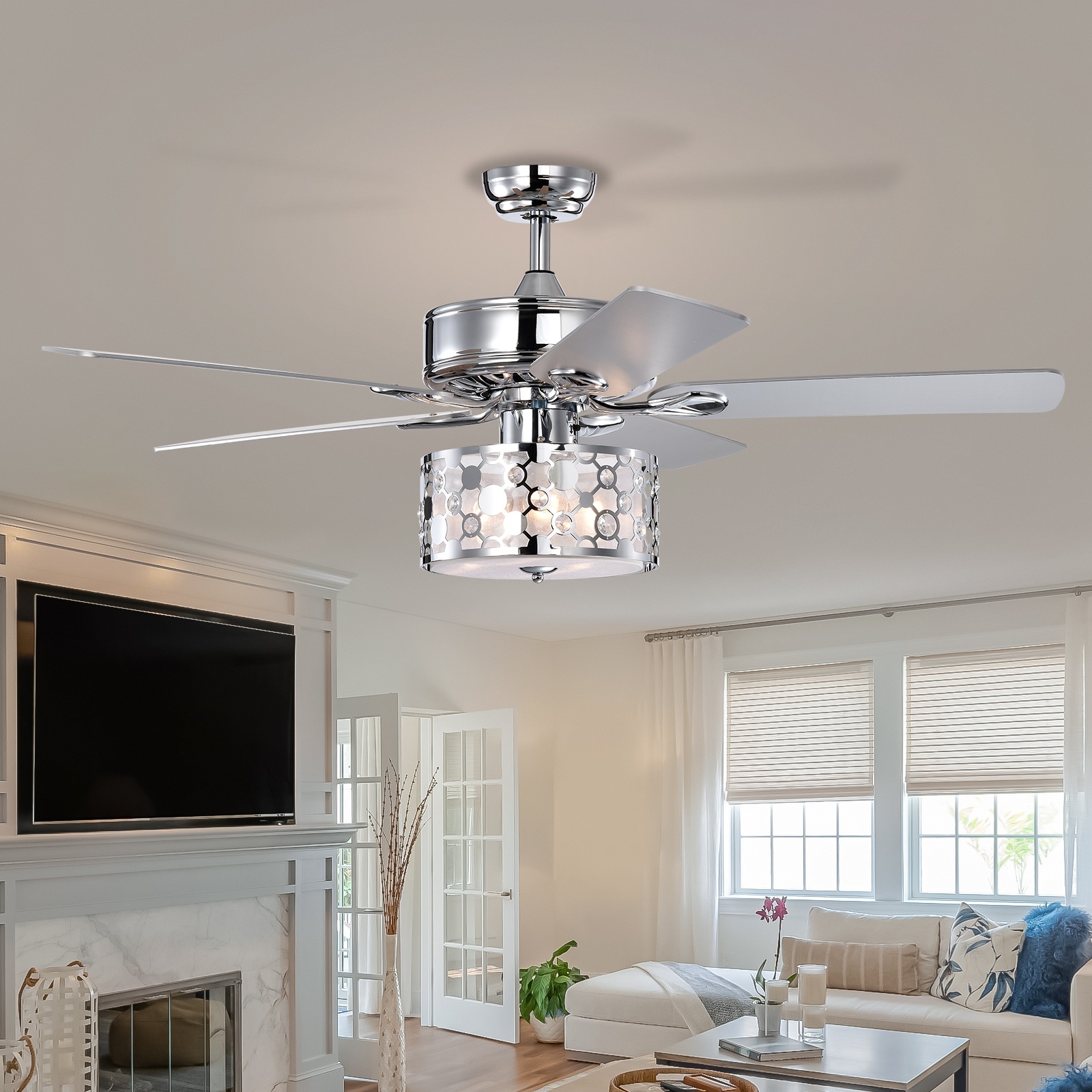52 Elegant Crystal Ceiling Fan Light with Remote, 5 Reversible Wood Blades, Quiet Motor, 3-Speed, for Dining Room, Chrome | Aosom.com