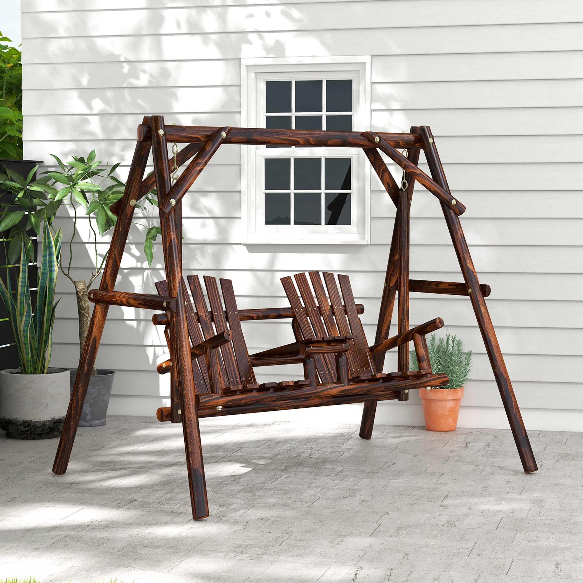 Outsunny Wooden 2-Seat A-Frame Porch Swing Rustic Patio Bench Outdoor  Furniture w/ Table Seat|AOSOM.CA