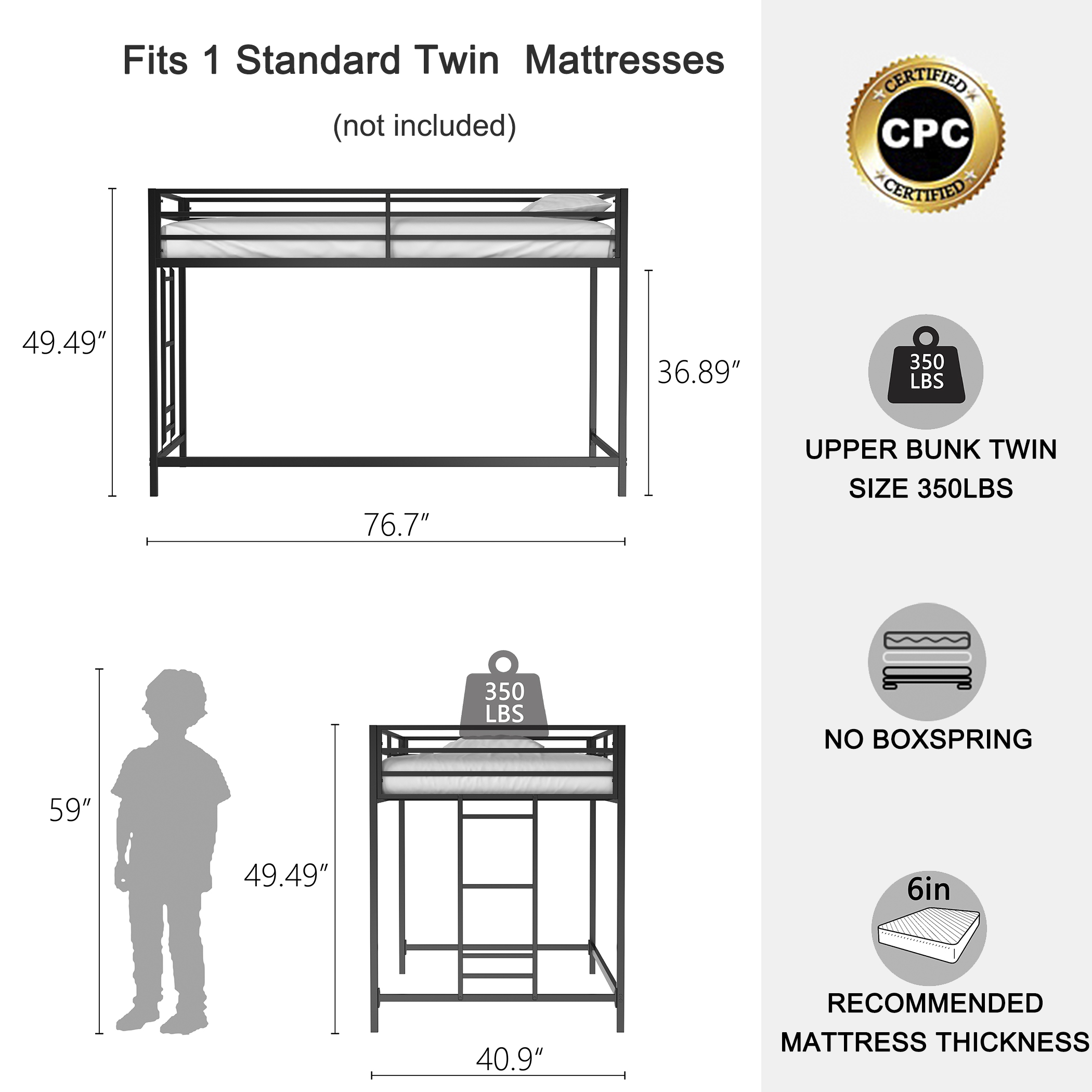 Twin Childrens Loft Bunk Bed with Metal Bed Frame and Safety Guard Rails, Anti-Noise Design, Protective Post Caps, for Kids, Teens, Black | Aosom.com 1