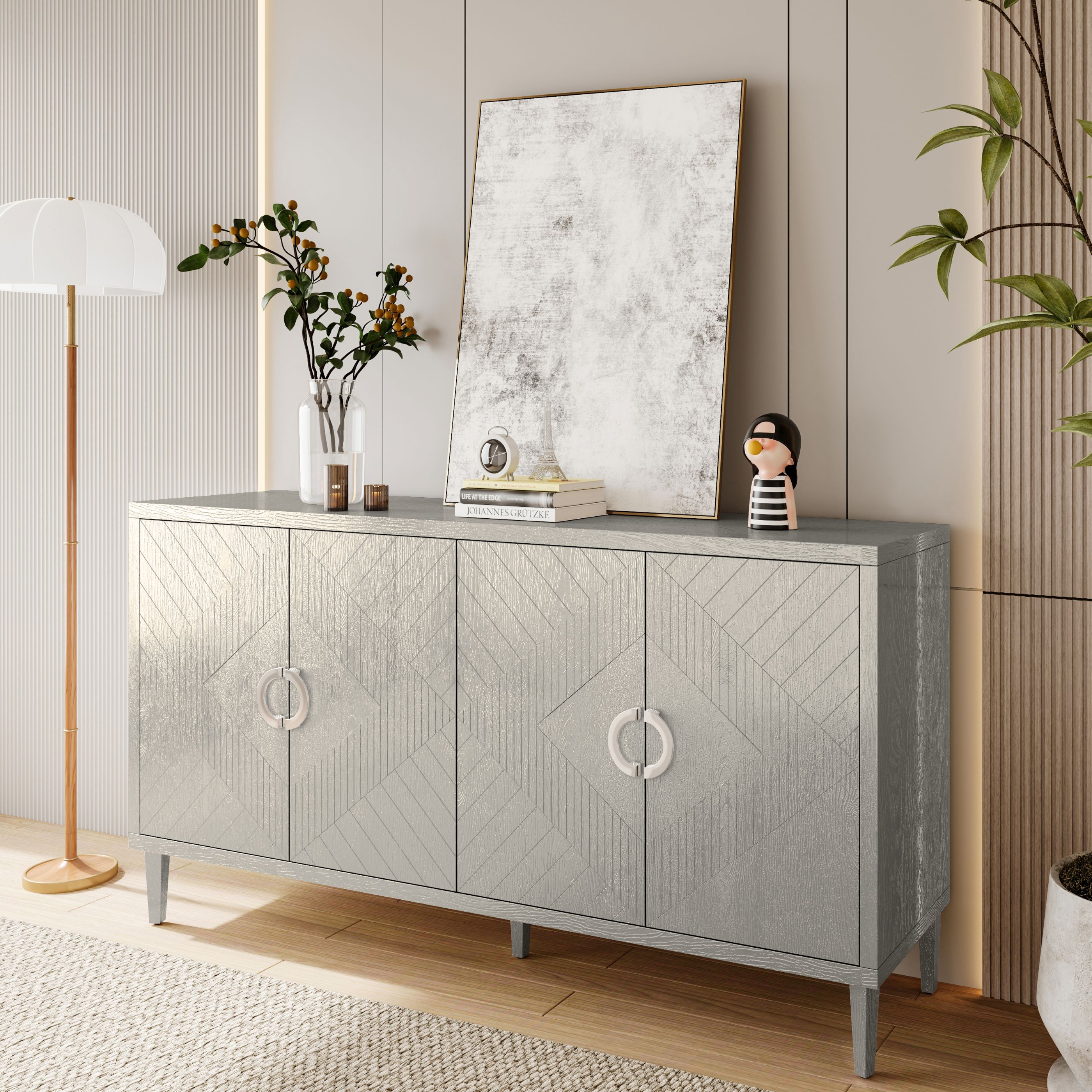 Dining Area Storage Cabinet with 4-Door and Pine Legs, Durable Hallway Cabinet with Versatile Use, for Living Room, Bedroom, Champagne | Aosom.com