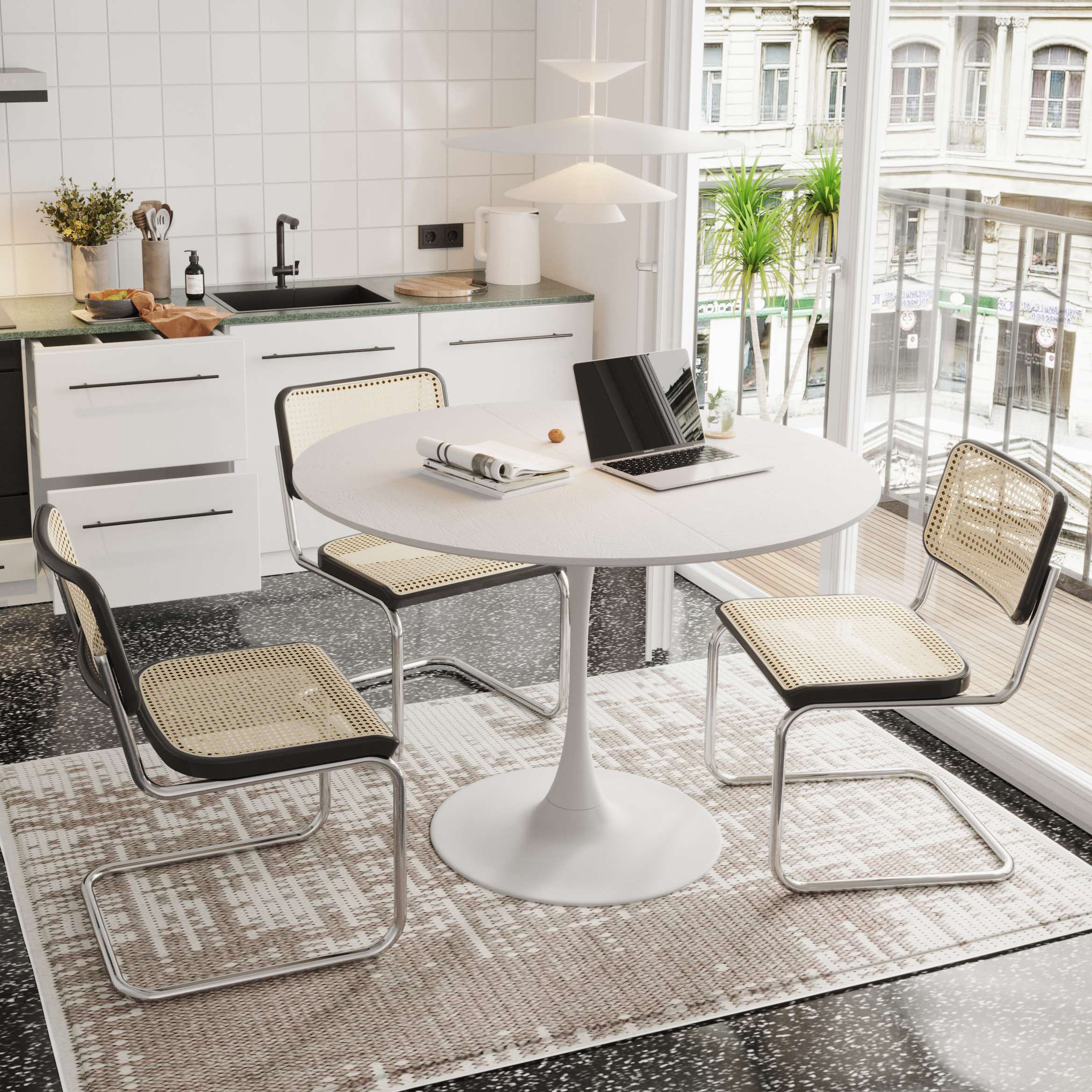 47.24 Modern Round Wooden Table with Solid Wood Grain Top, Metal Base, Easy Assembly, Corner Dining Table for Cafe, Balcony, White | Aosom.com