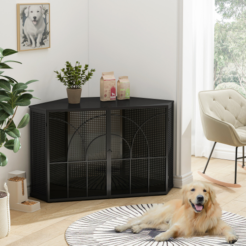 47.24 Spacious Dog Cage with Tempered Glass, Sturdy Iron Frame, Hollow Out Design, Easy Assembly, for Living Room, Hallway, Black | Aosom.com