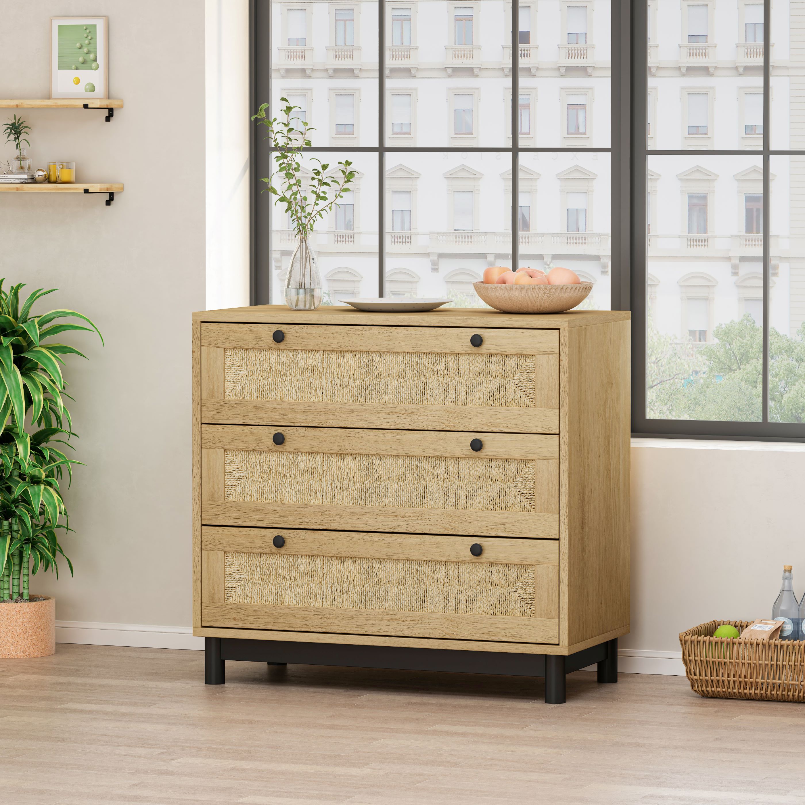 Wooden Cabinet Sideboard with 3 Rope Woven Drawers, High-Quality MDF and Pine Legs, Storage Buffet for Bedroom, Living Room, Hallways, Oak | Aosom.com