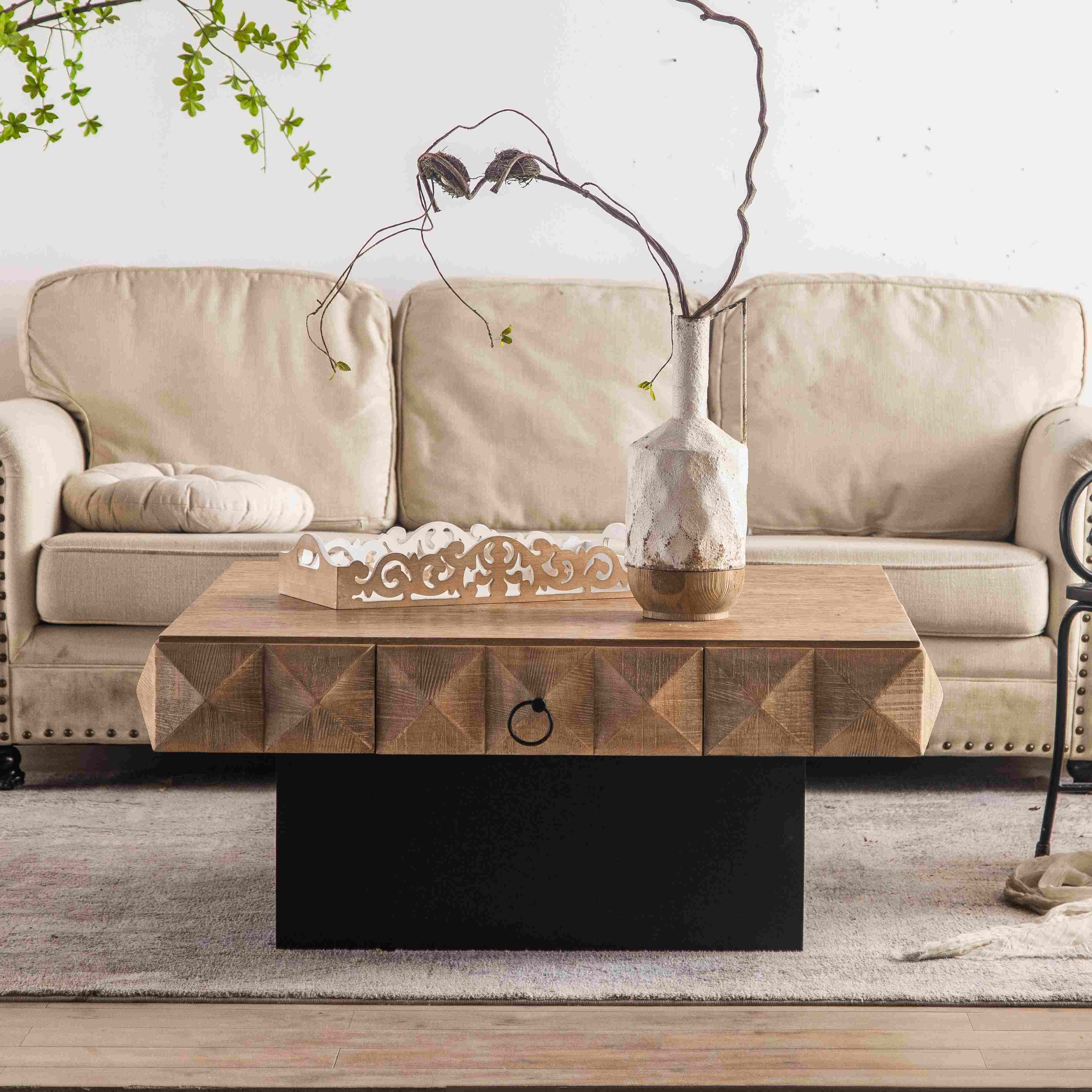 41.73 Square Retro Coffee Table with 3D Embossed Pattern and 2 Drawers, 220 lb Load Capacity, for Living Room, Natural | Aosom.com