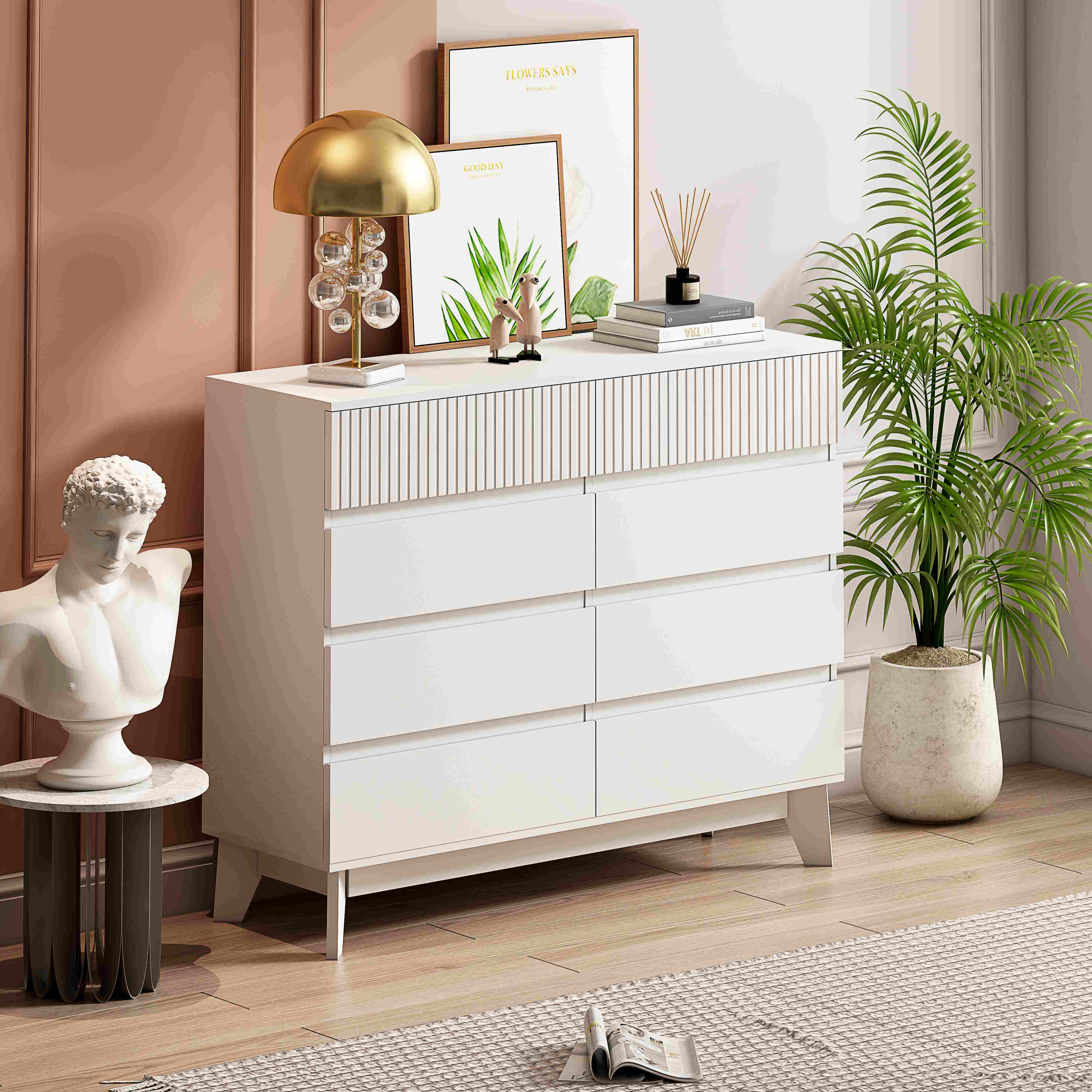 8-Drawer Storage Closet with Decorative Finish, Durable MDF Construction, Storage Space, Wooden Sideboard for Bedroom, Living Room, White | Aosom.com