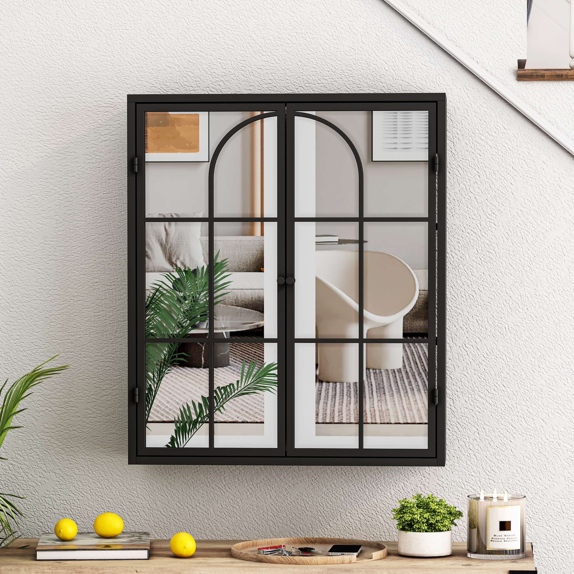 Retro Style Wall Storage Cabinet with Mirror, 3-Level Storage Space, Iron and Glass, Floating Cabinet with Doors for Bathroom, Black | Aosom.com