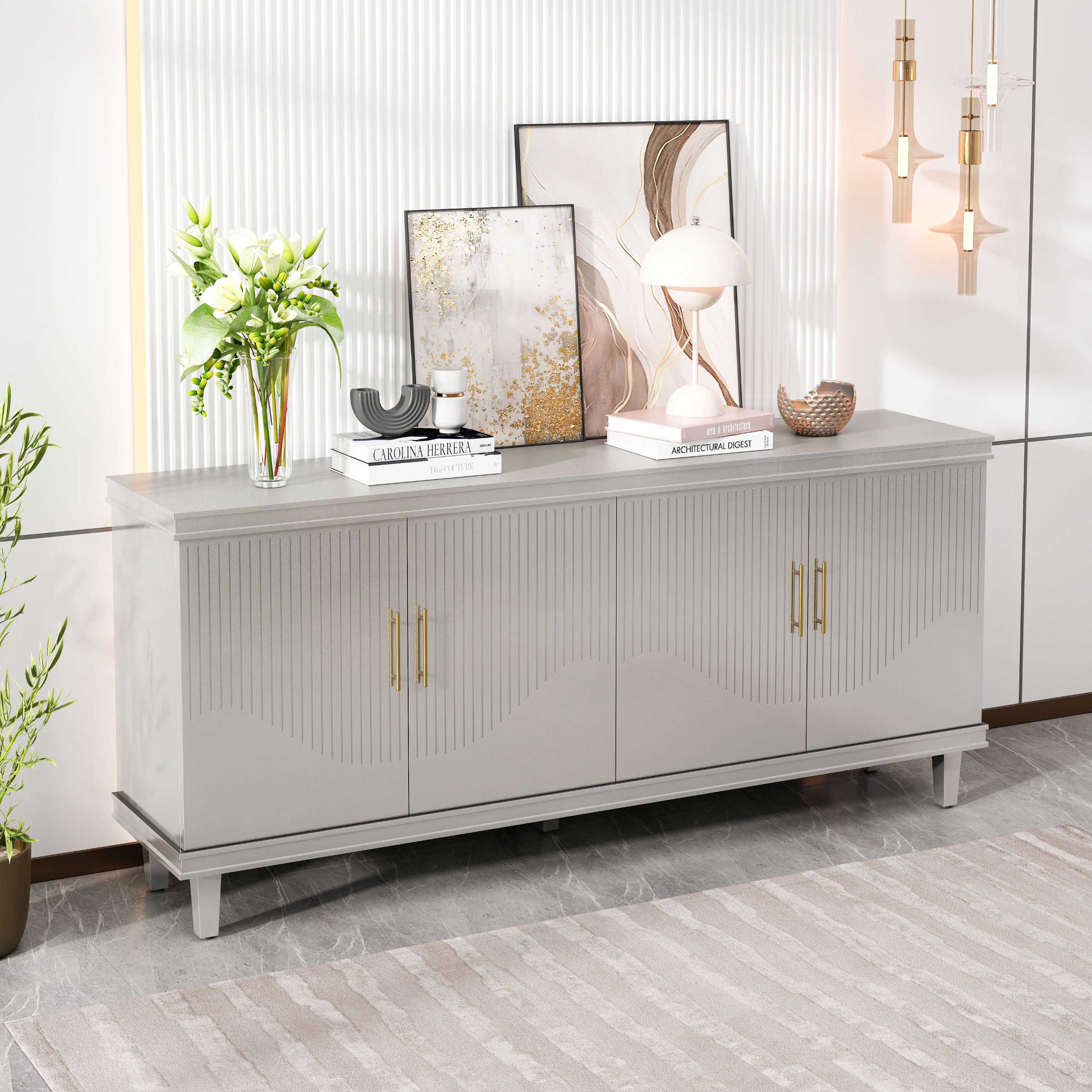 70.07&#039;&#039; Large 4-Door Cabinet with Adjustable Shelves, Solid Wood, 330 lbs Top Surface Capacity, 70.07&#039;&#039;L x 15.75&#039;&#039;W x 32.28&#039;&#039;H, Champagne | Aosom.com