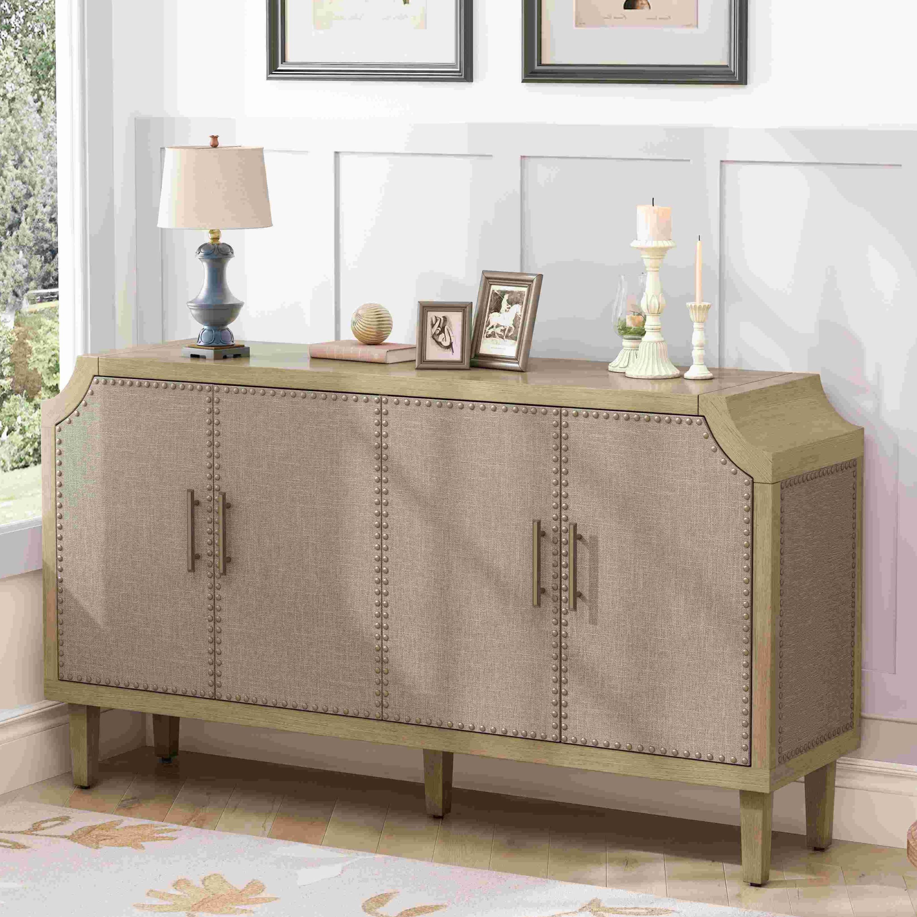 Solid Wood Cabinet with 4-Door and Adjustable Shelves, Dining Room Storage Cabinet with Rivet Decor, for Living Room, or Office, Natural | Aosom.com