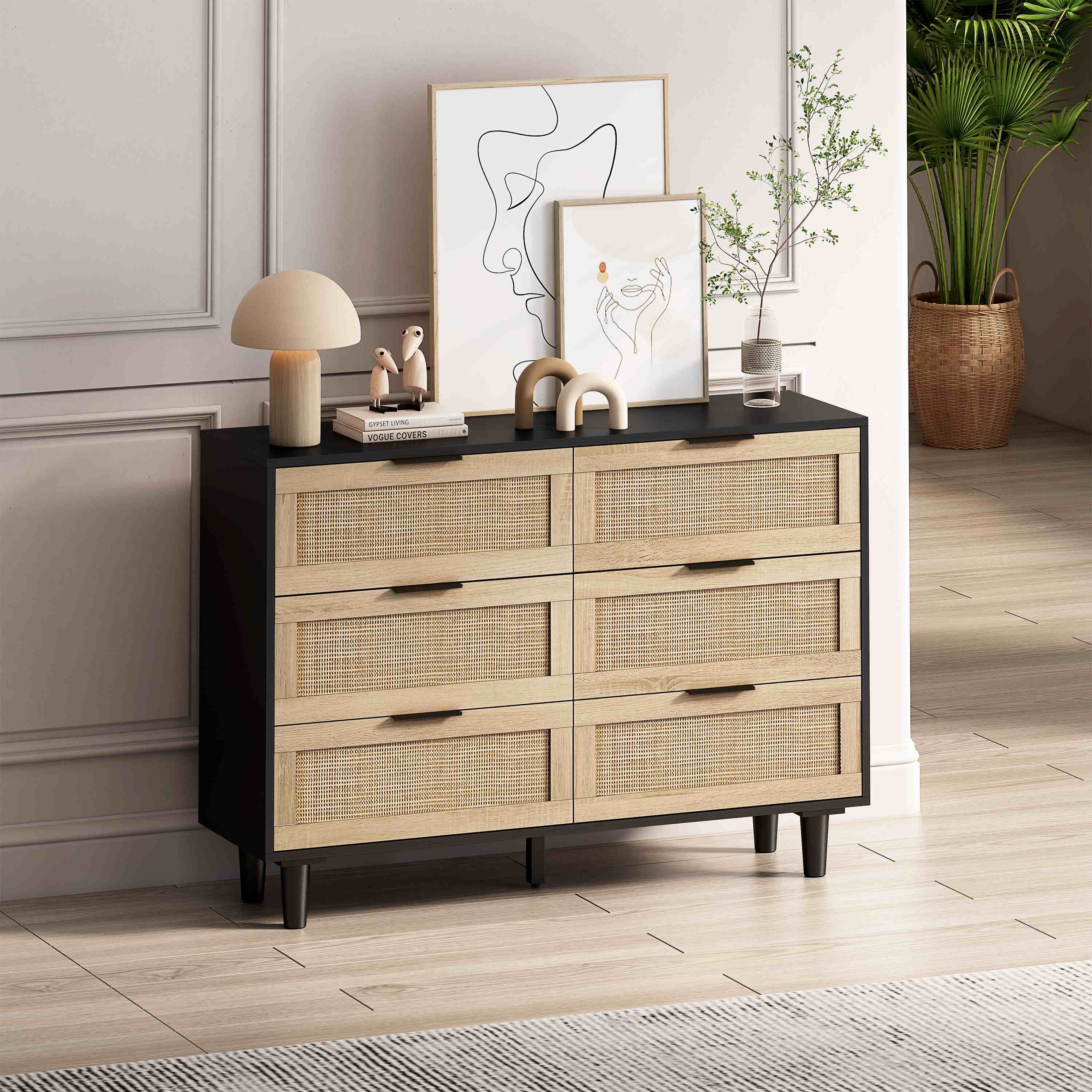 43.31 Modern Natural Design Boho Rattan Cabinet with Wood Legs, High-Quality Chipboard, Sideboard with Drawers for Living Room, Black | Aosom.com