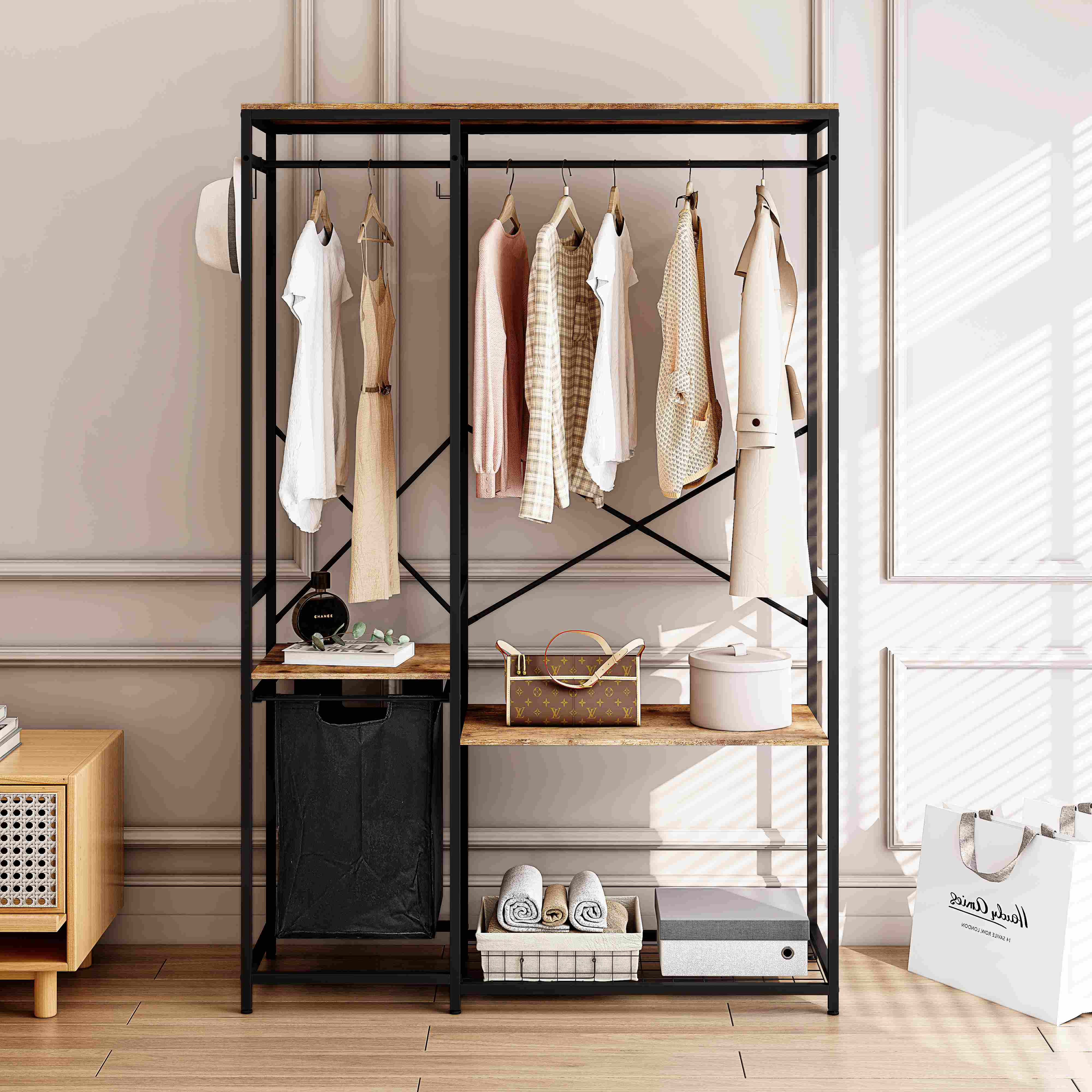 Portable Wardrobe Closet with Bottom Mesh Storage, Closet Rack with Shelves for Hanging Clothes, for Living Room, Bedroom, Black+Brown | Aosom.com